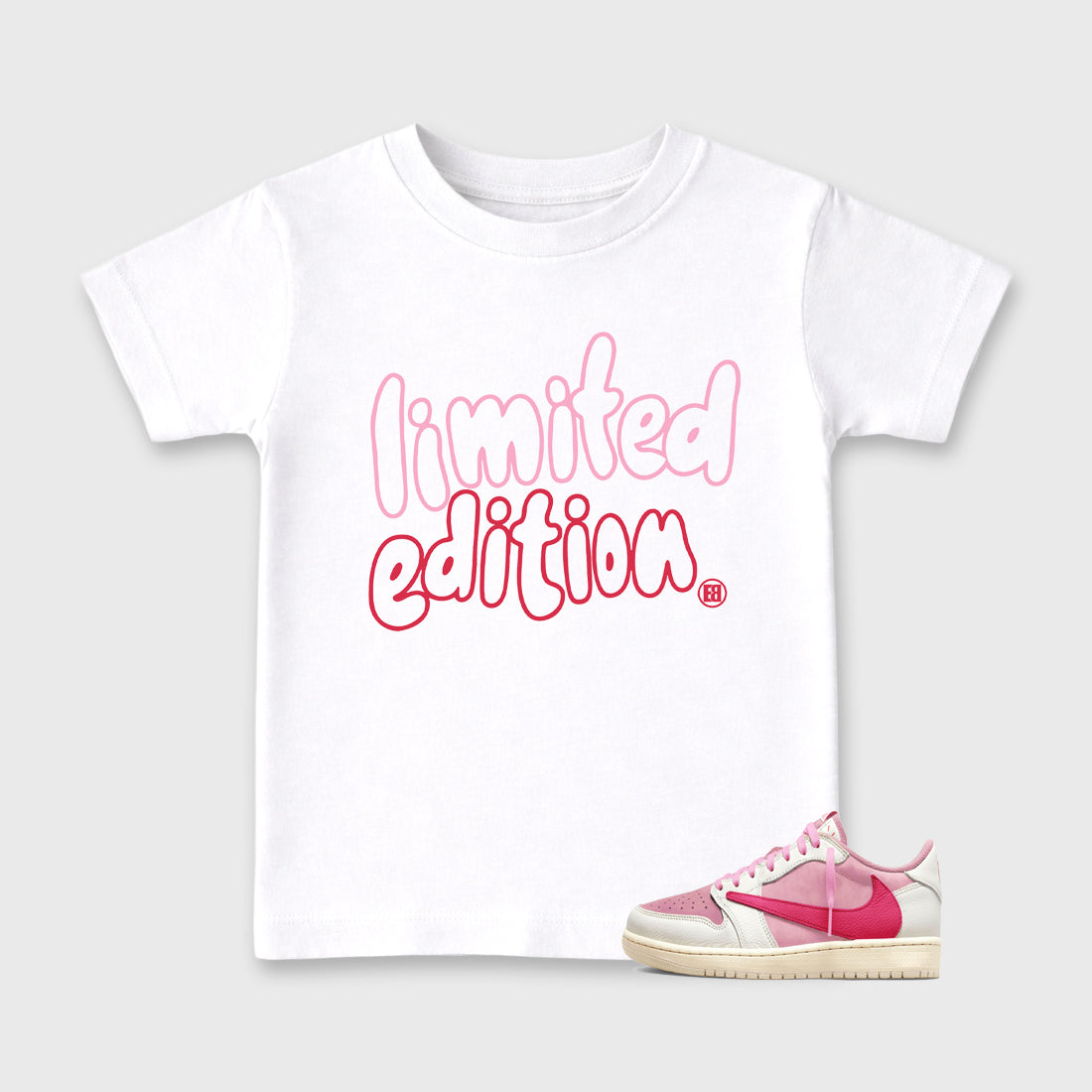 Perfect Sneakerhead Fashion Outfits – Sneaker Tees To Match Air Jordan 1 Low OG x Travis Scott Tropical Pink Shoes – Limited Edition Kids Graphic T-Shirt White 1