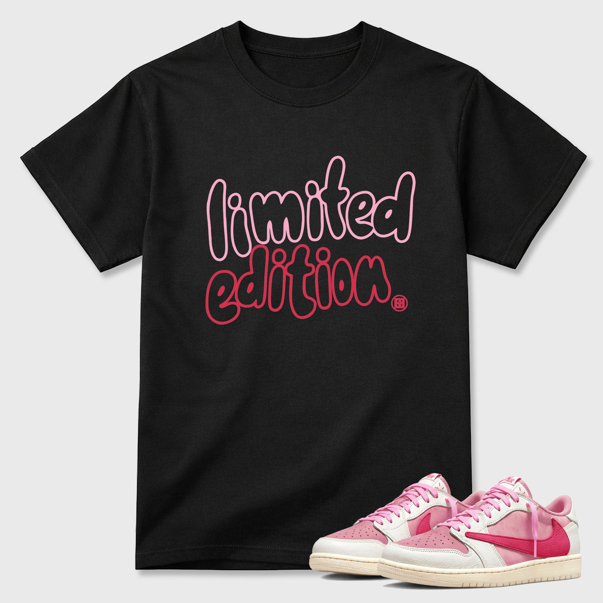 Perfect Sneakerhead Fashion Outfits – Sneaker Tees To Match Air Jordan 1 Low OG x Travis Scott Tropical Pink Shoes – Limited Edition Graphic Tee Black 1
