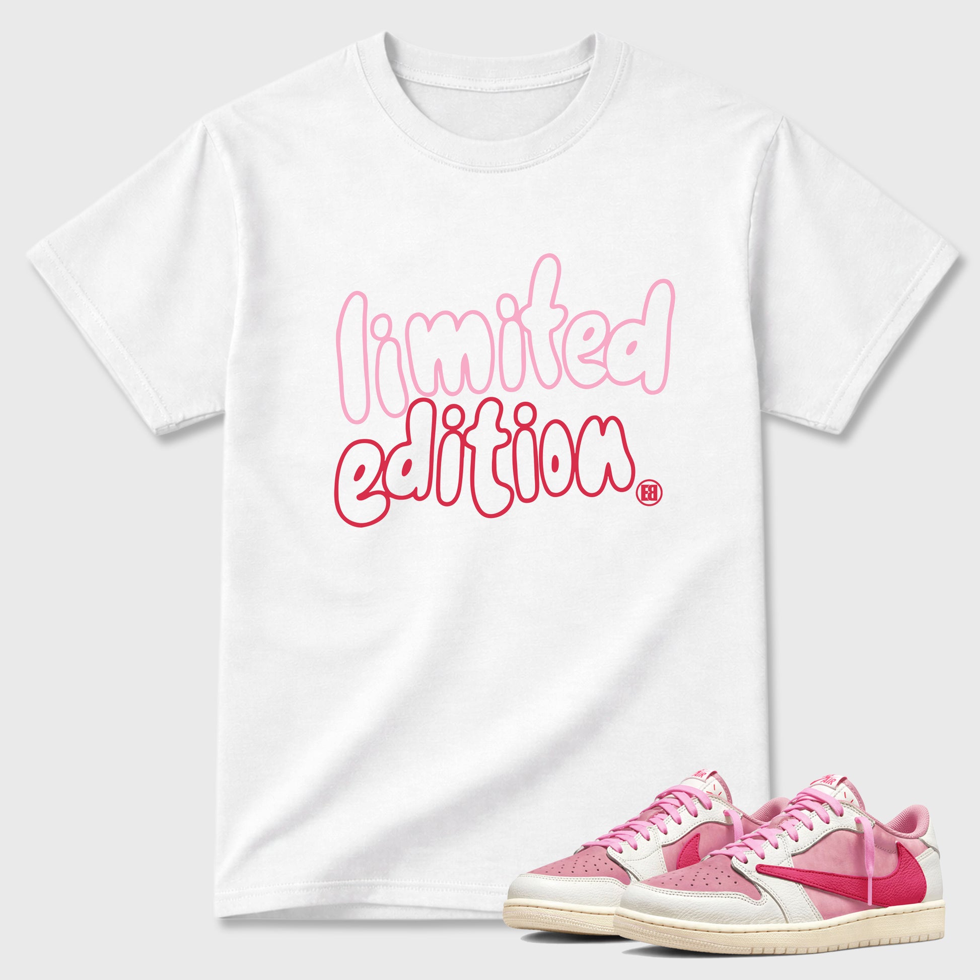 Perfect Sneakerhead Fashion Outfits – Sneaker Tees To Match Air Jordan 1 Low OG x Travis Scott Tropical Pink Shoes – Limited Edition Graphic Tee White 1
