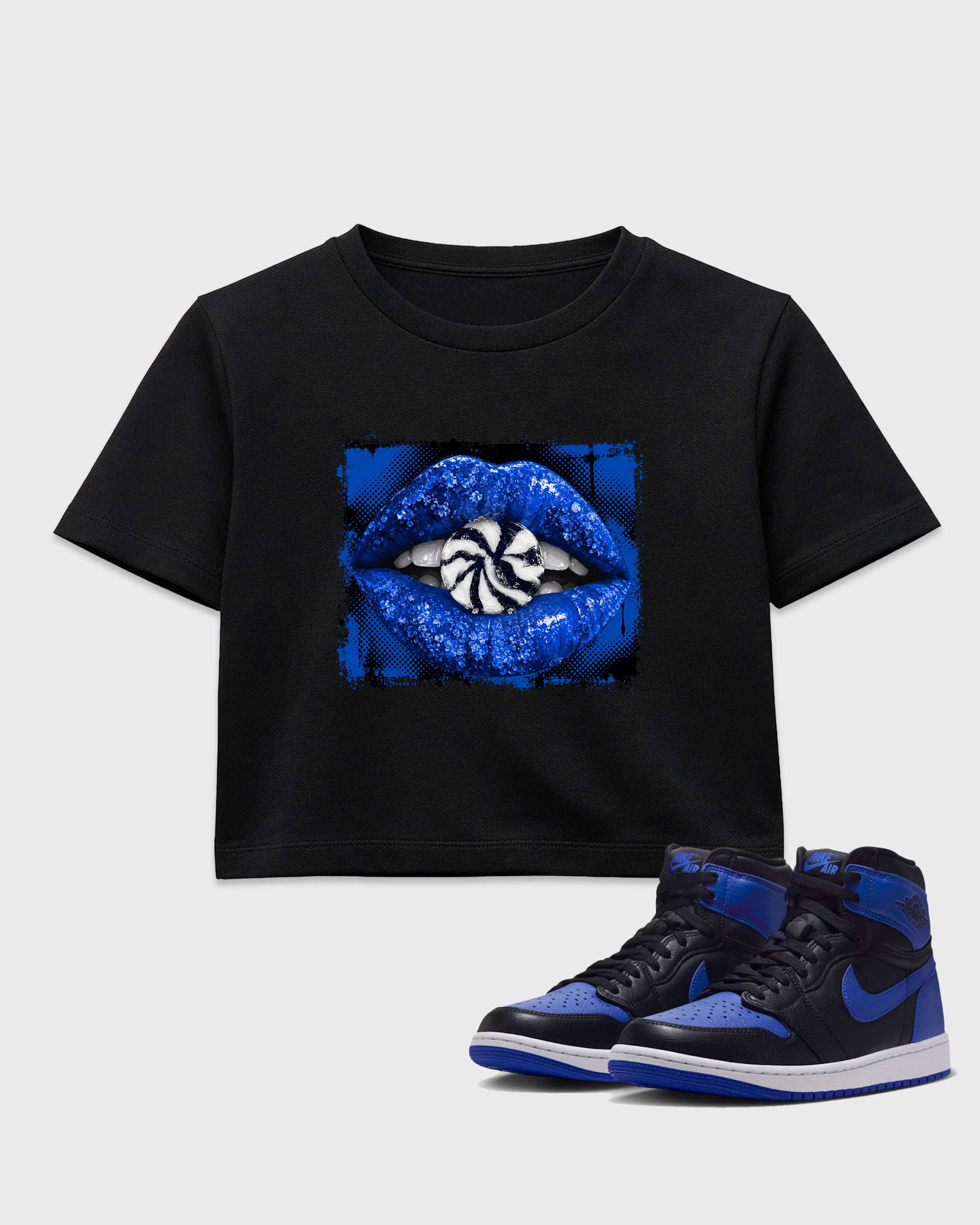 Lips Candy women’s crop tee designed to match the Air Jordan 1 Royal, featuring coordinated Black 1 options for a perfect streetwear vibe.