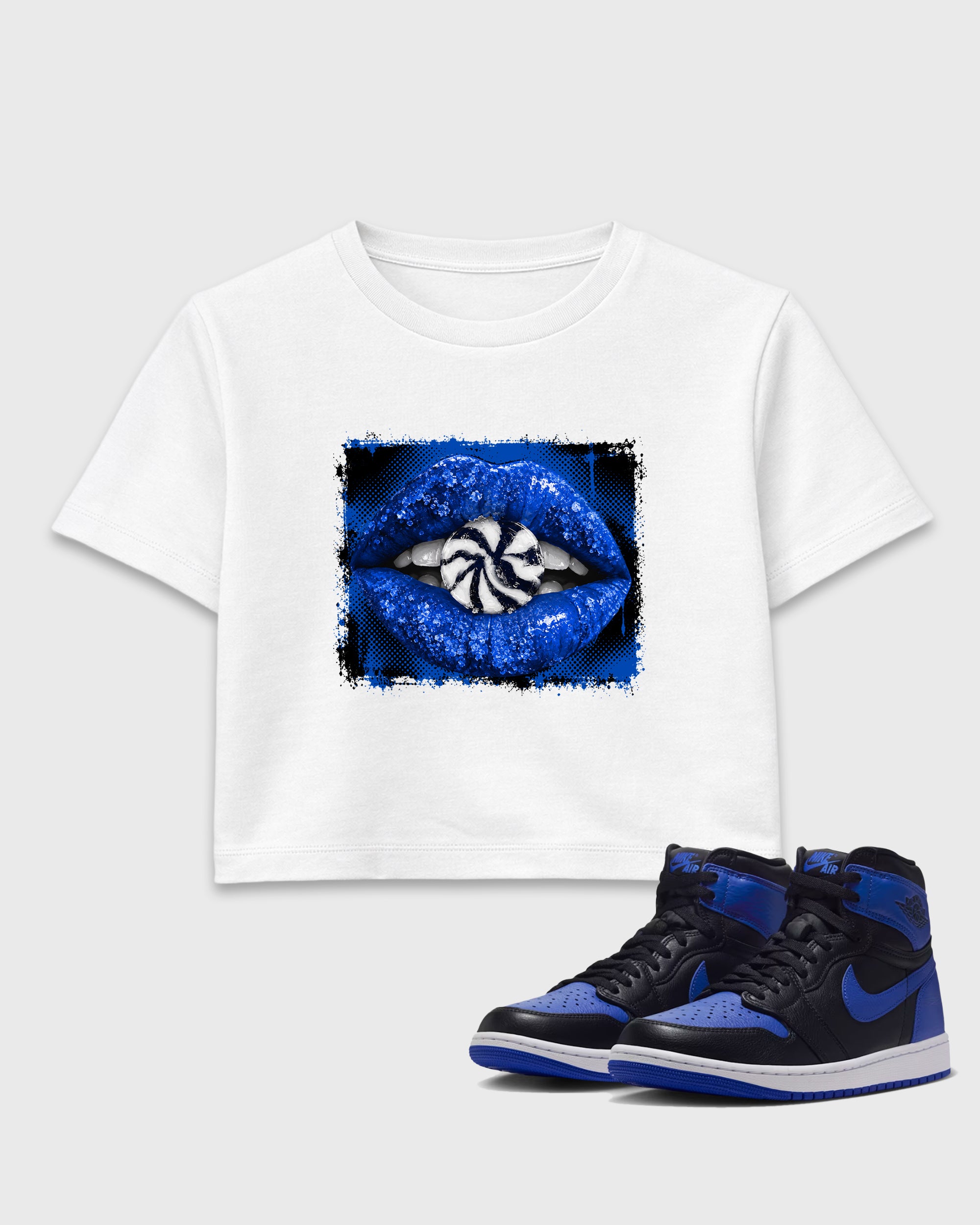 Lips Candy women’s crop tee designed to match the Air Jordan 1 Royal, featuring coordinated White 1 options for a perfect streetwear vibe.