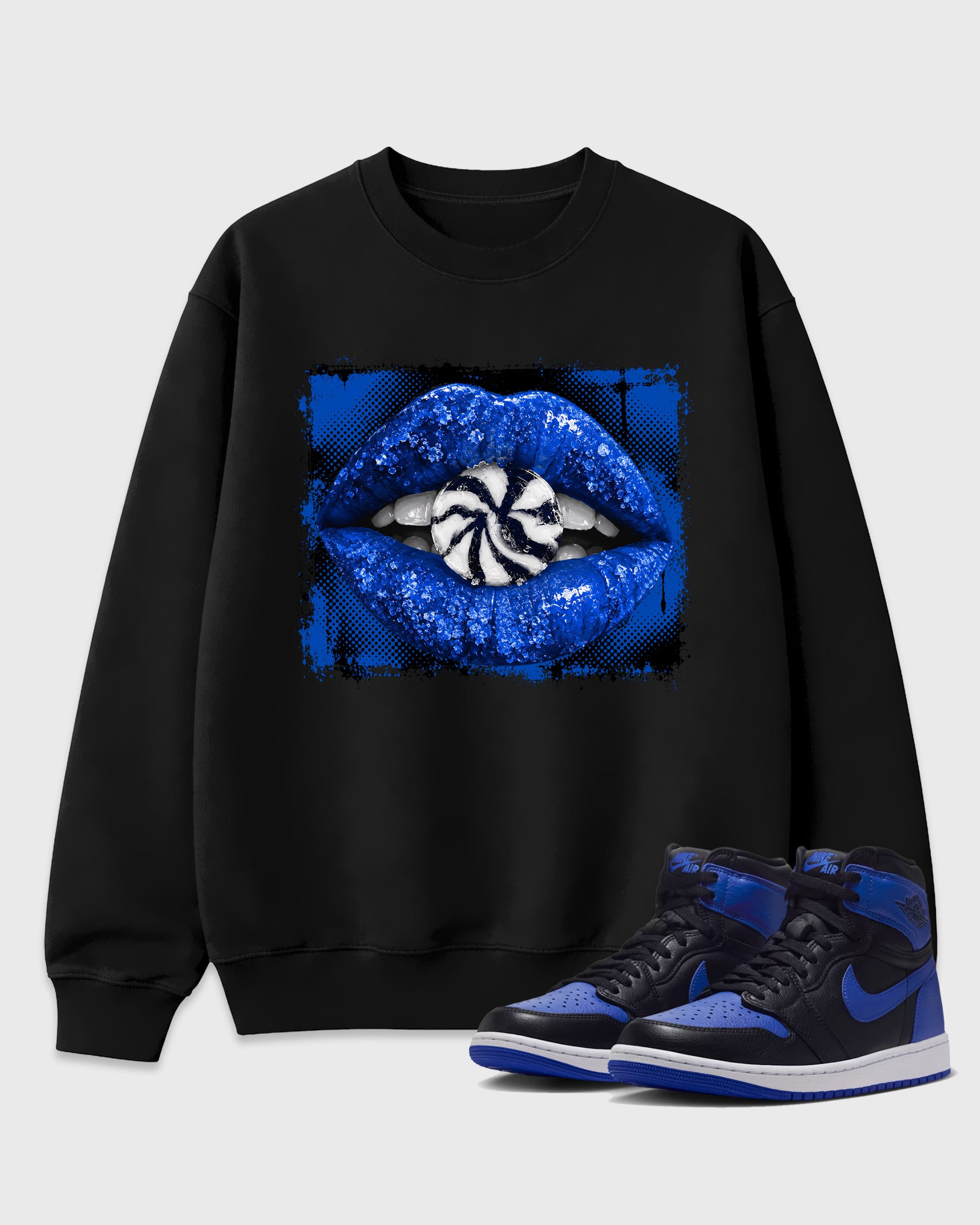 Lips Candy Graphic T-Shirt featuring original streetwear artwork designed to match the Air Jordan 1 Royal. Black 1 Graphic Tee.