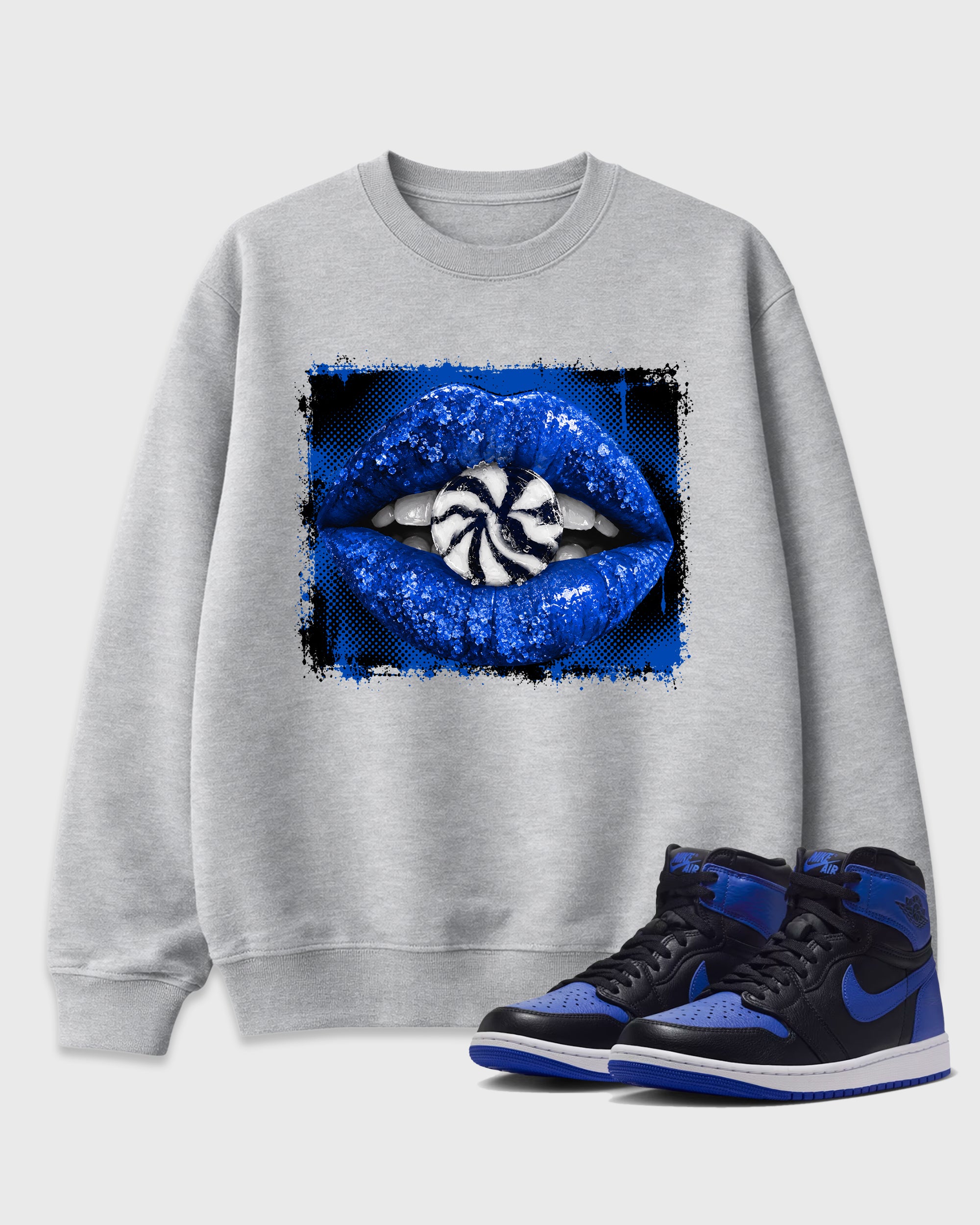 Lips Candy Graphic T-Shirt featuring original streetwear artwork designed to match the Air Jordan 1 Royal. Heather Grey 1 Graphic Tee.