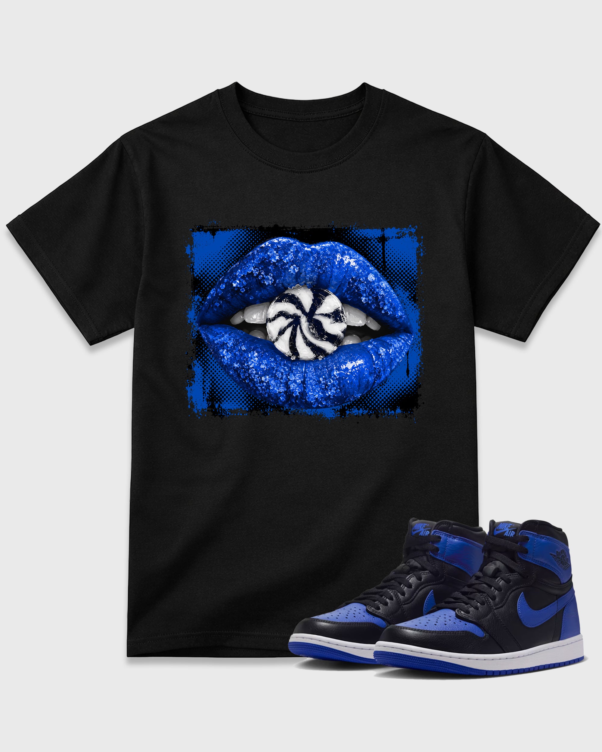 Lips Candy Graphic T-Shirt featuring original streetwear artwork designed to match the Air Jordan 1 Royal. Black 1 Graphic T-Shirt.