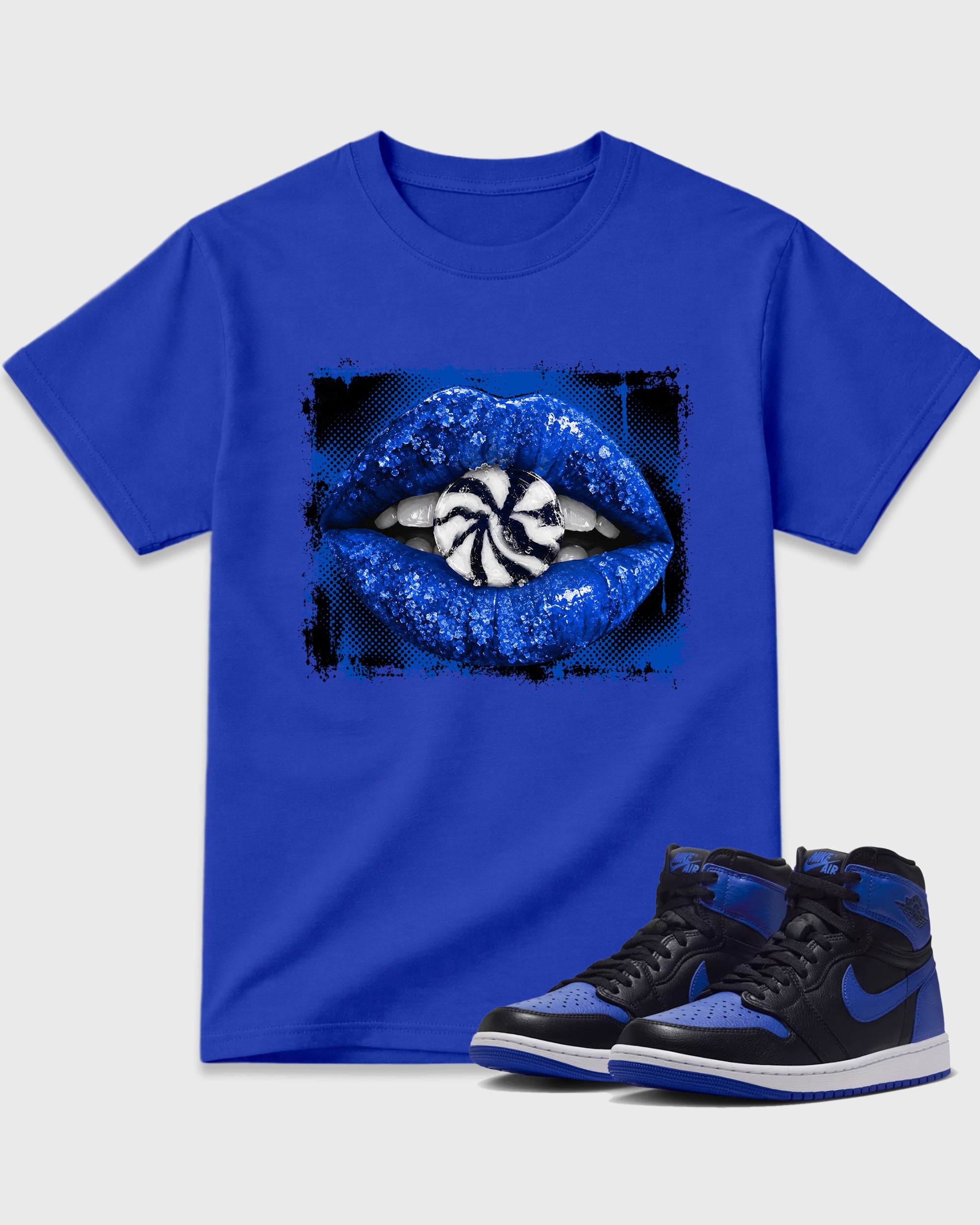 Lips Candy Graphic T-Shirt featuring original streetwear artwork designed to match the Air Jordan 1 Royal. Royal Blue 1 Graphic T-Shirt.