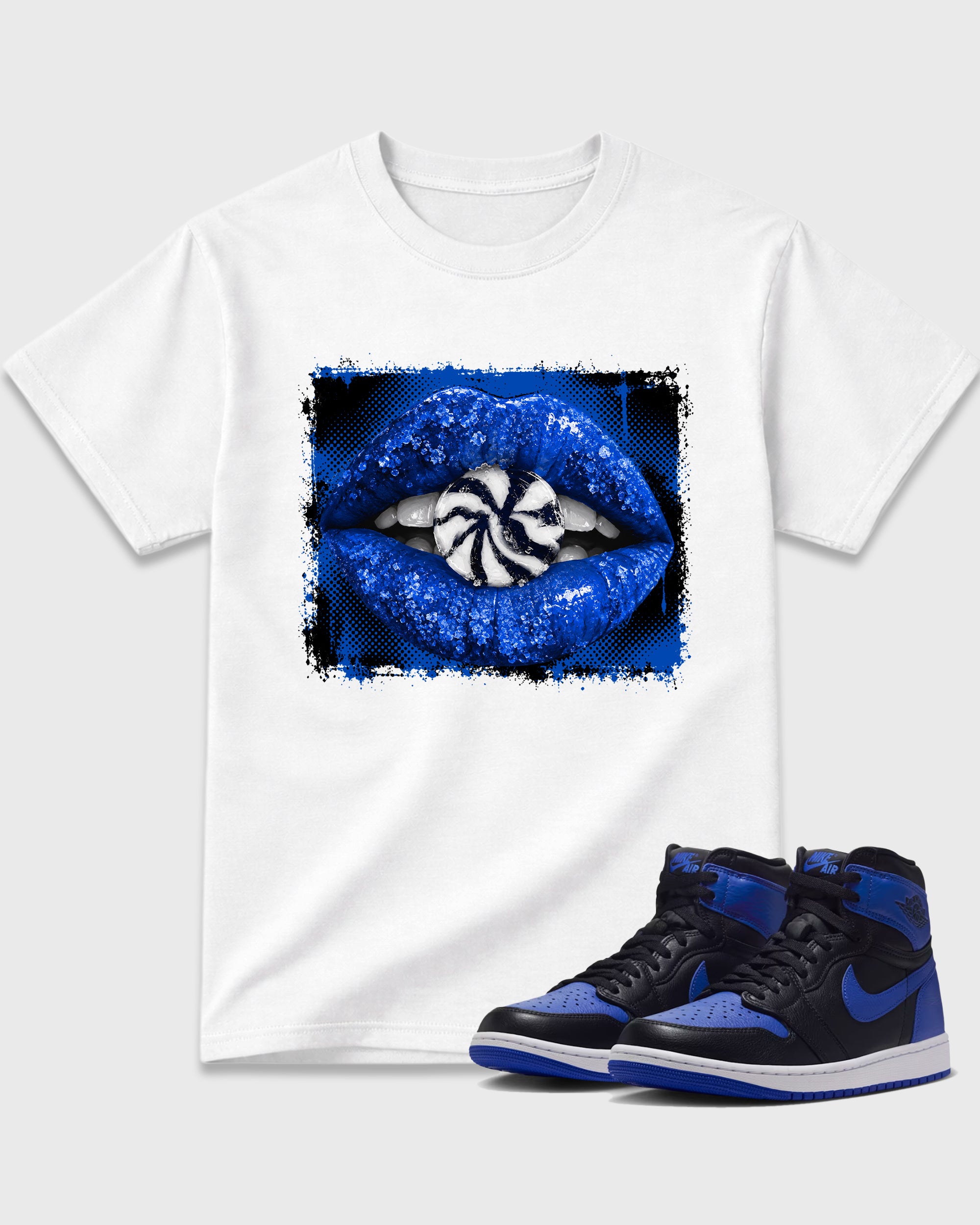 Lips Candy Graphic T-Shirt featuring original streetwear artwork designed to match the Air Jordan 1 Royal. White 1 Graphic T-Shirt.