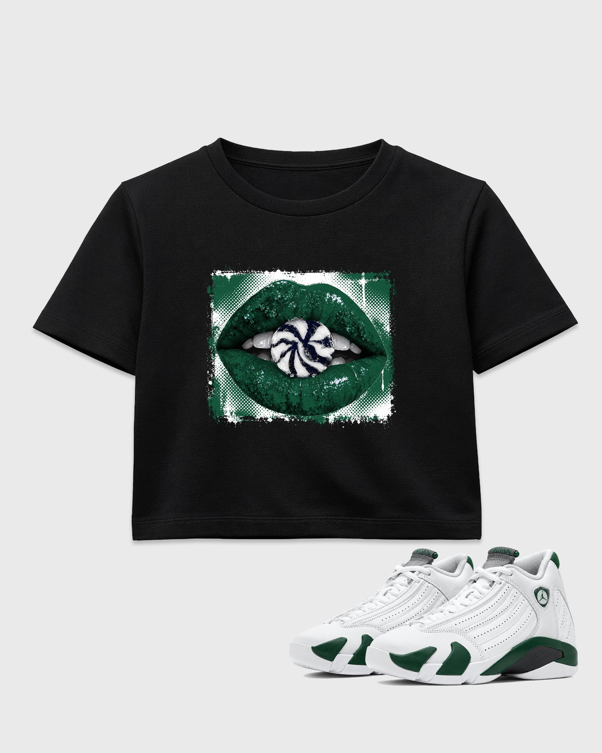 Lips Candy women’s crop tee designed to match the Air Jordan 14 Forest Green, featuring coordinated Black 1 options for a perfect streetwear vibe.