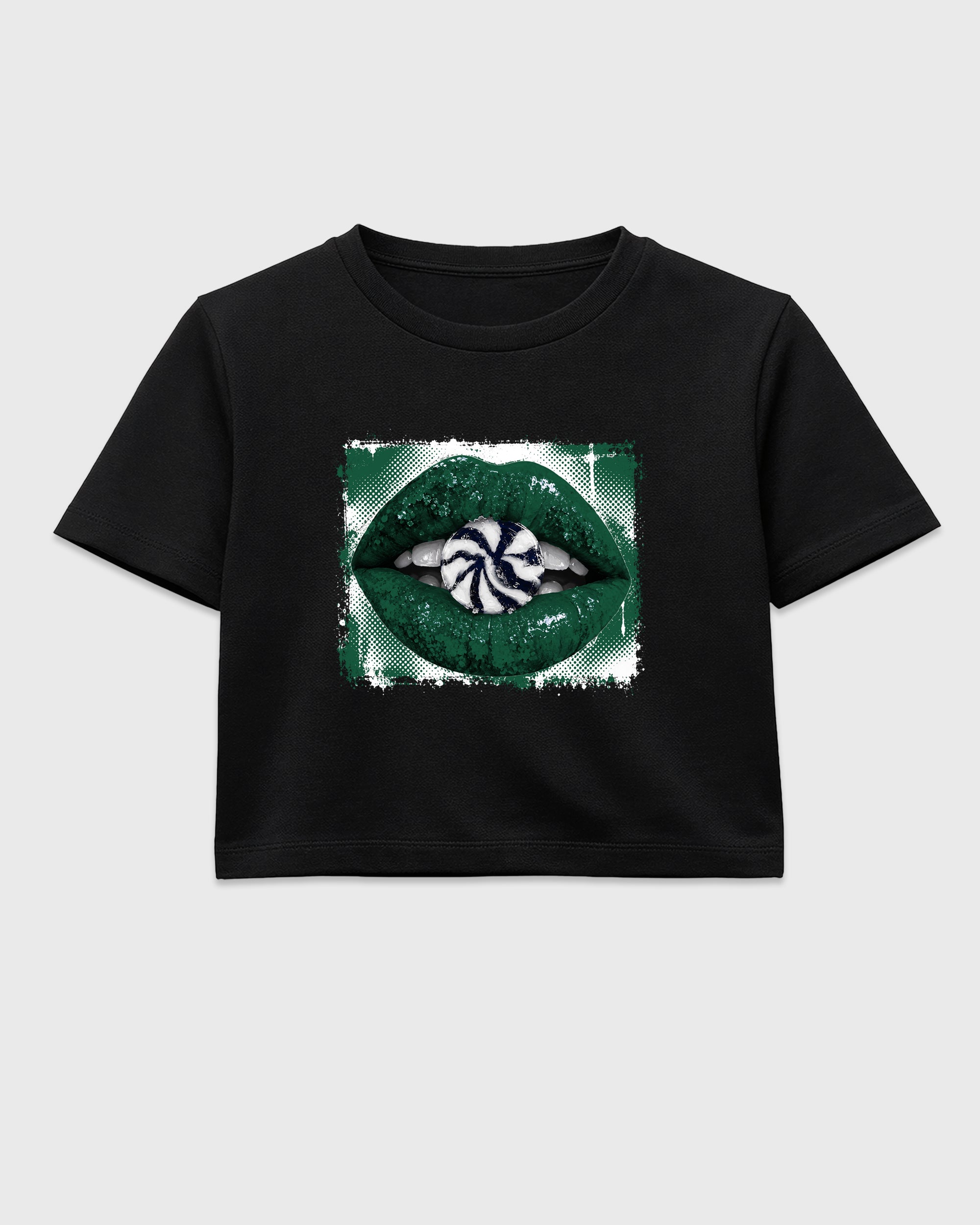 Lips Candy women’s crop tee designed to match the Air Jordan 14 Forest Green, featuring coordinated Black 2 options for a perfect streetwear vibe.