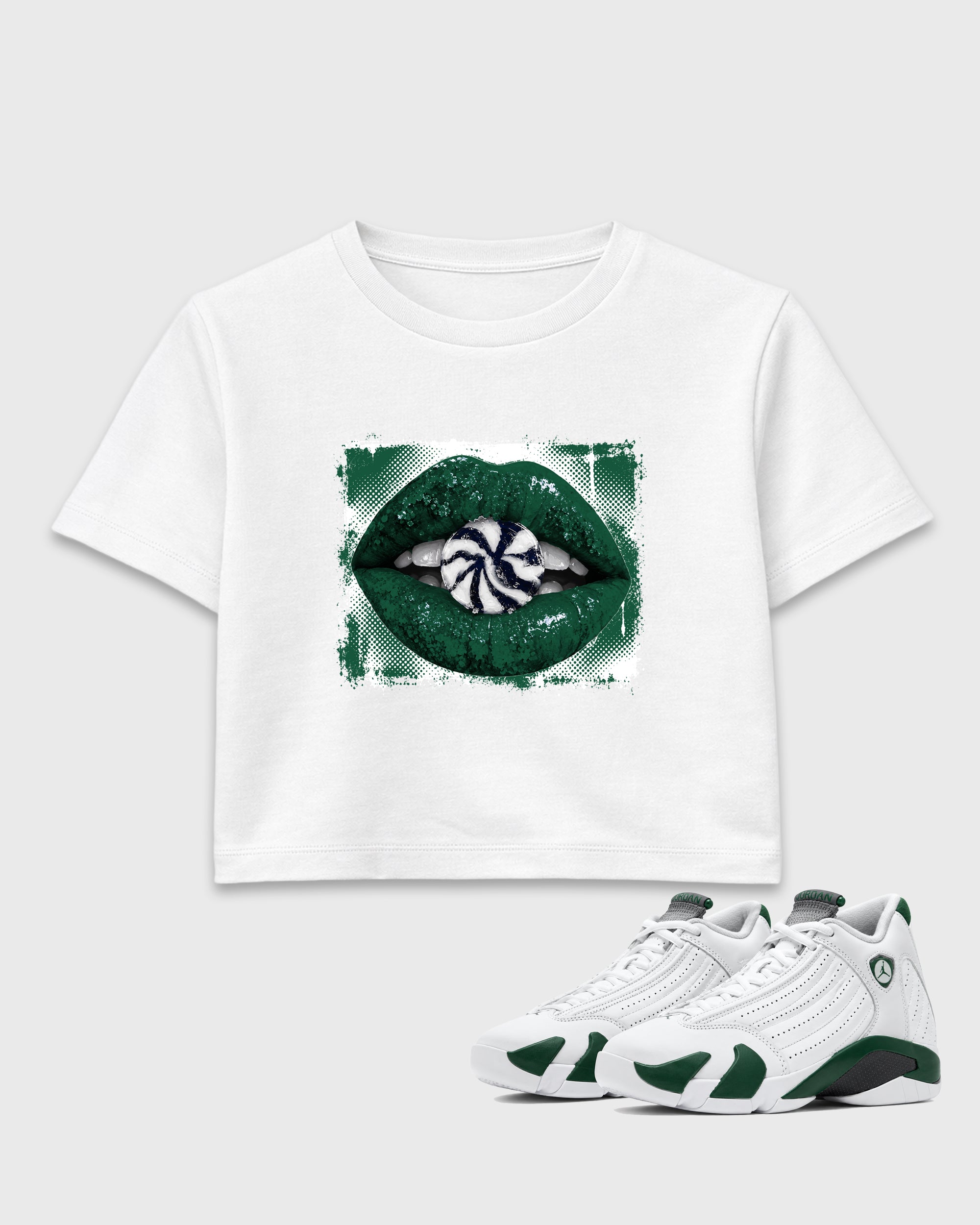 Lips Candy women’s crop tee designed to match the Air Jordan 14 Forest Green, featuring coordinated White 1 options for a perfect streetwear vibe.