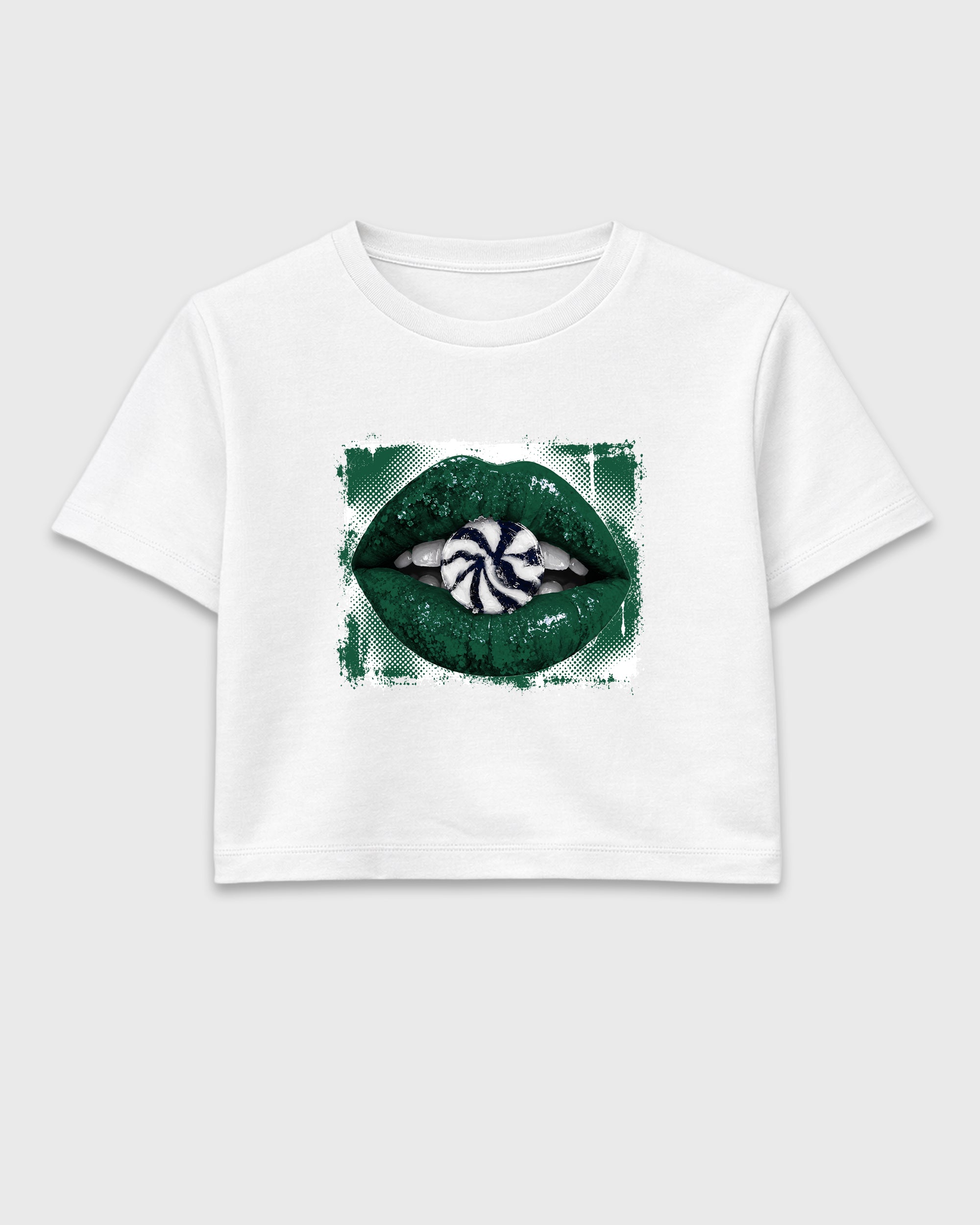 Lips Candy women’s crop tee designed to match the Air Jordan 14 Forest Green, featuring coordinated White 2 options for a perfect streetwear vibe.