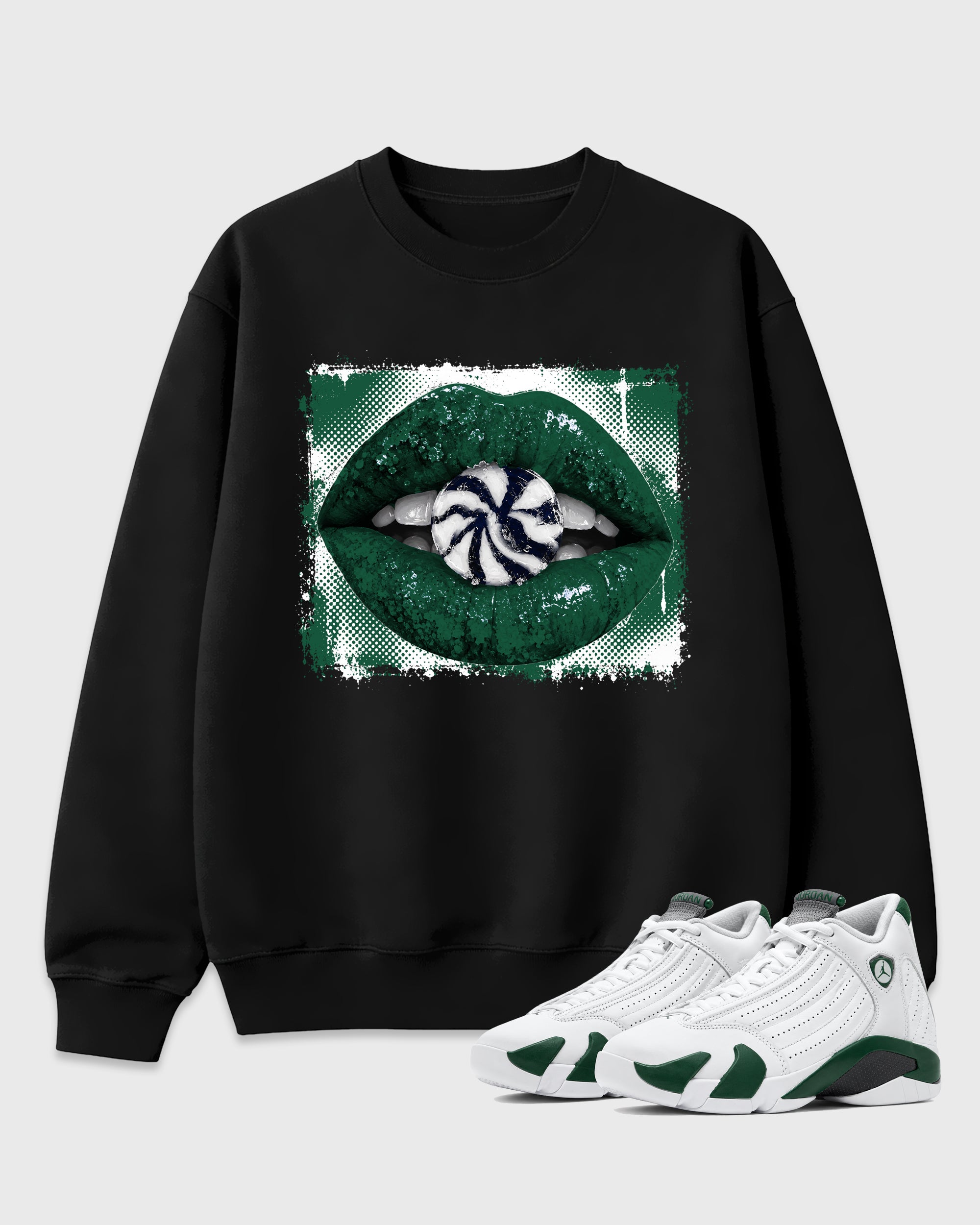 Lips Candy Graphic T-Shirt featuring original streetwear artwork designed to match the Air Jordan 14 Forest Green. Black 1 Graphic Tee.