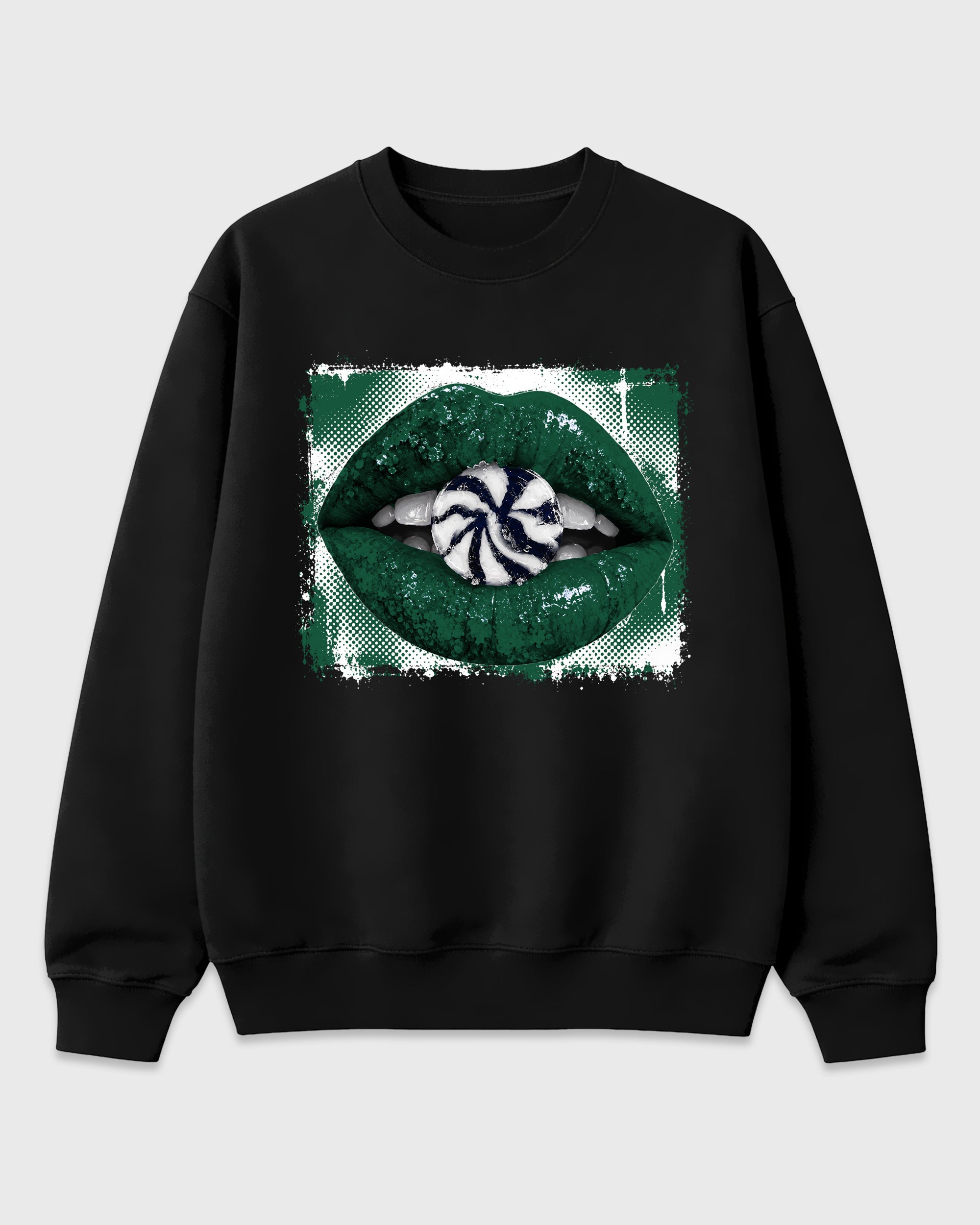Lips Candy Graphic T-Shirt featuring original streetwear artwork designed to match the Air Jordan 14 Forest Green. Black 2 Graphic Tee.