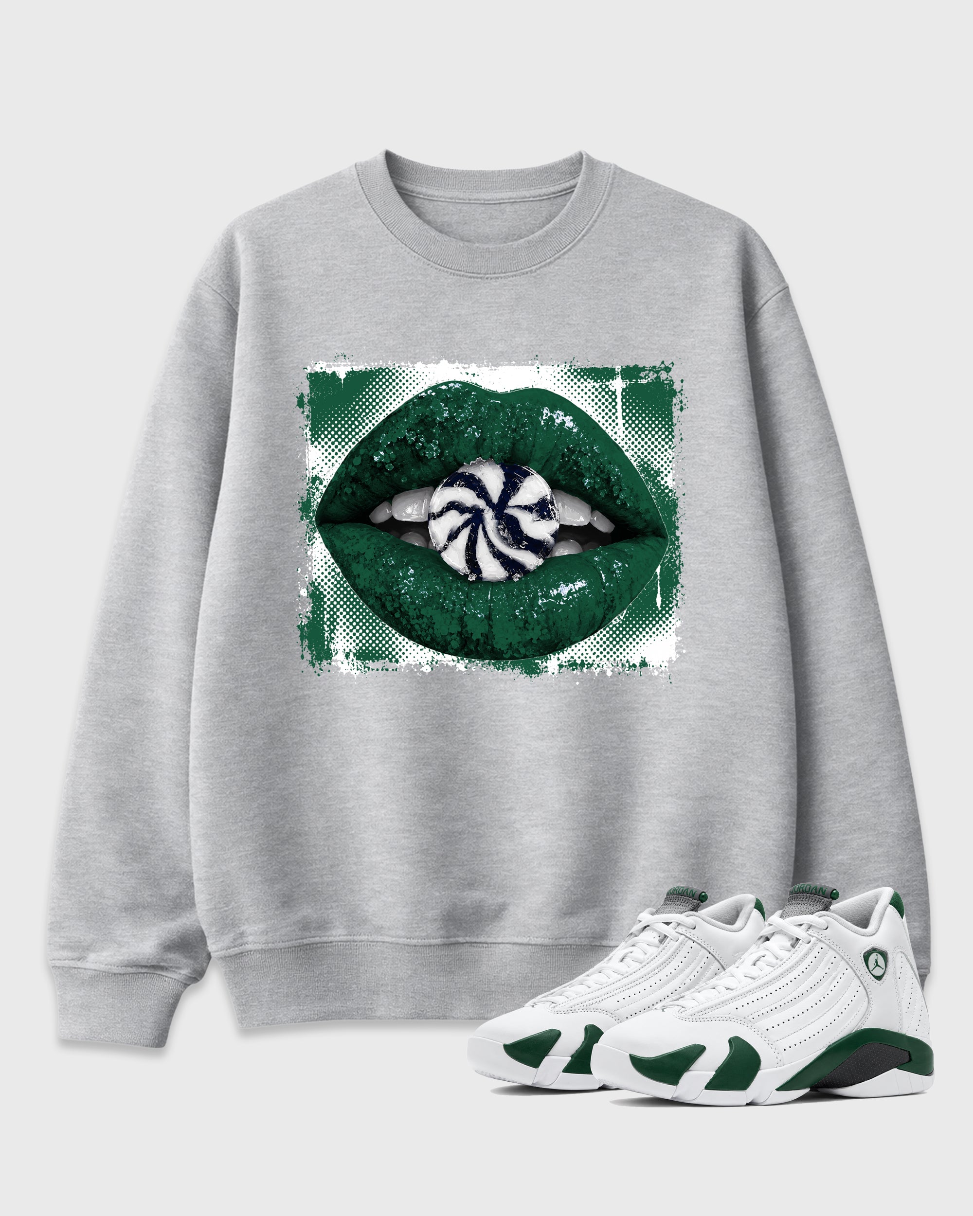 Lips Candy Graphic T-Shirt featuring original streetwear artwork designed to match the Air Jordan 14 Forest Green. Heather Grey 1 Graphic Tee.