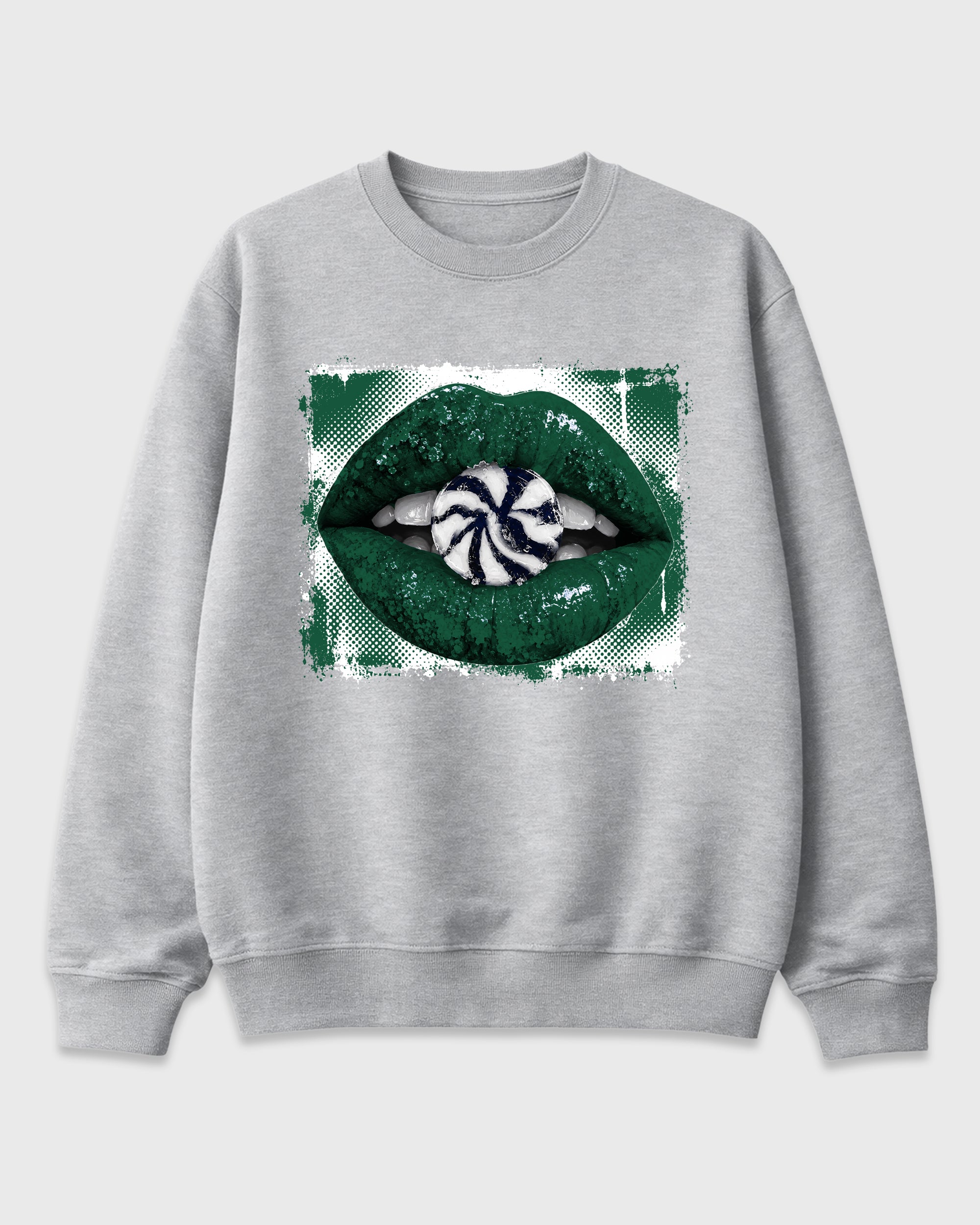 Lips Candy Graphic T-Shirt featuring original streetwear artwork designed to match the Air Jordan 14 Forest Green. Heather Grey 2 Graphic Tee.
