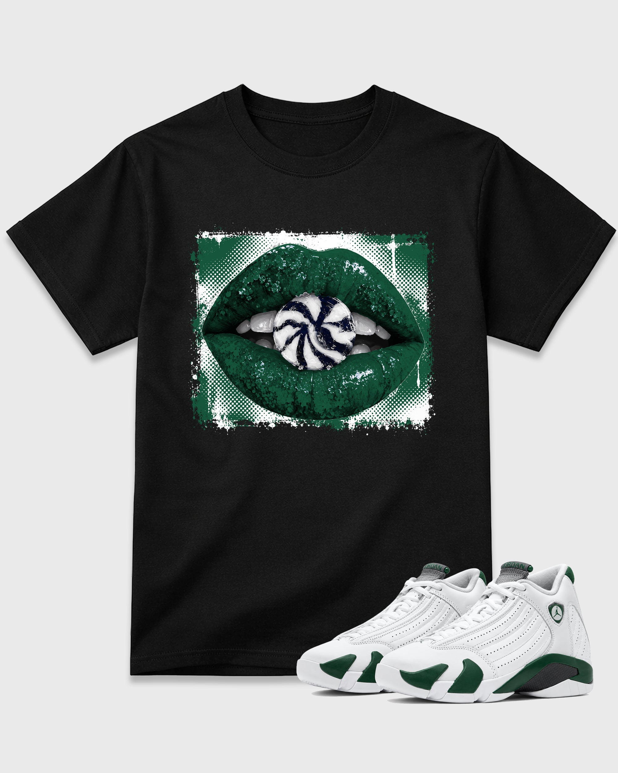 Lips Candy Graphic T-Shirt featuring original streetwear artwork designed to match the Air Jordan 14 Forest Green. Black 1 Graphic T-Shirt.