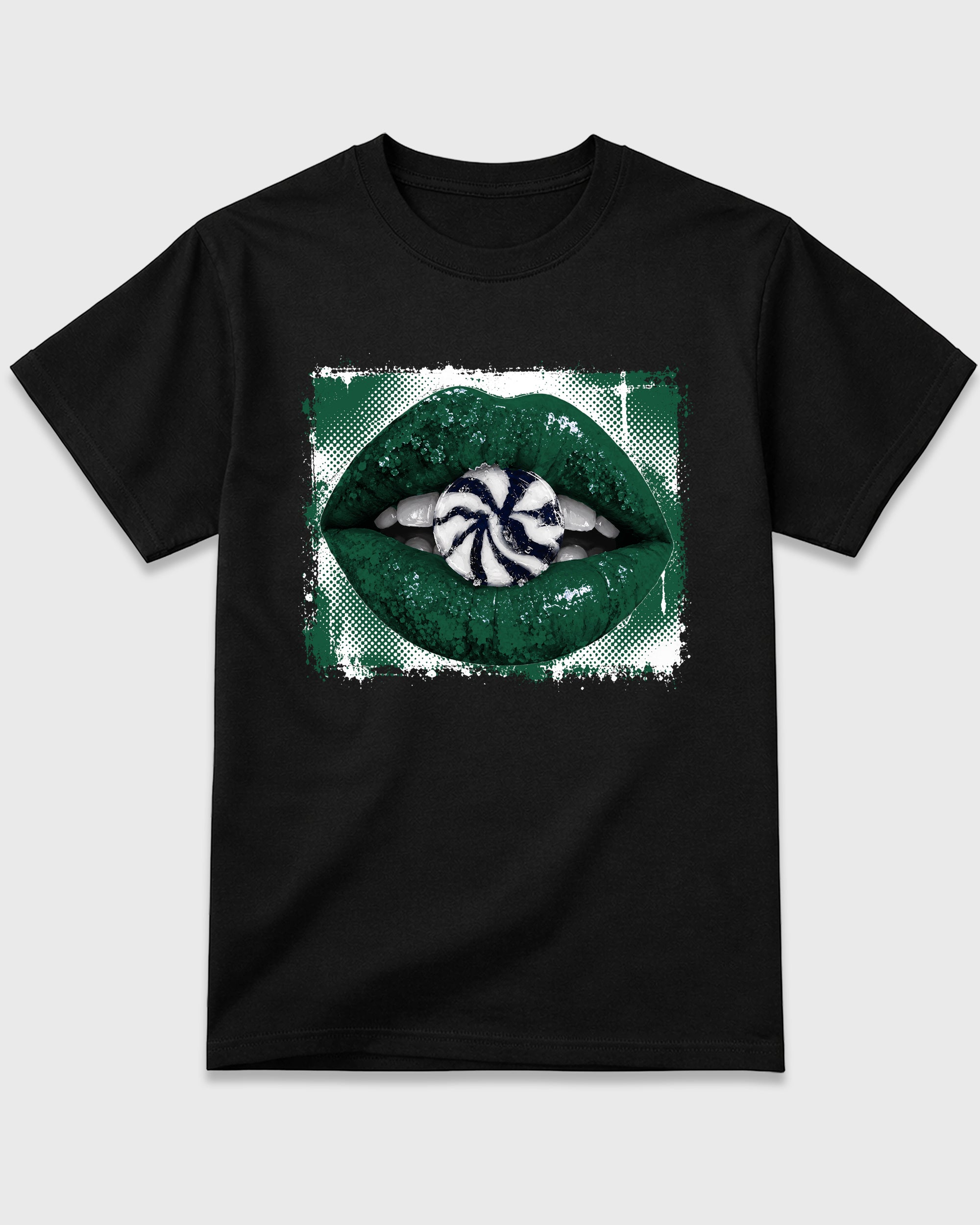 Lips Candy Graphic T-Shirt featuring original streetwear artwork designed to match the Air Jordan 14 Forest Green. Black 2 Graphic T-Shirt.