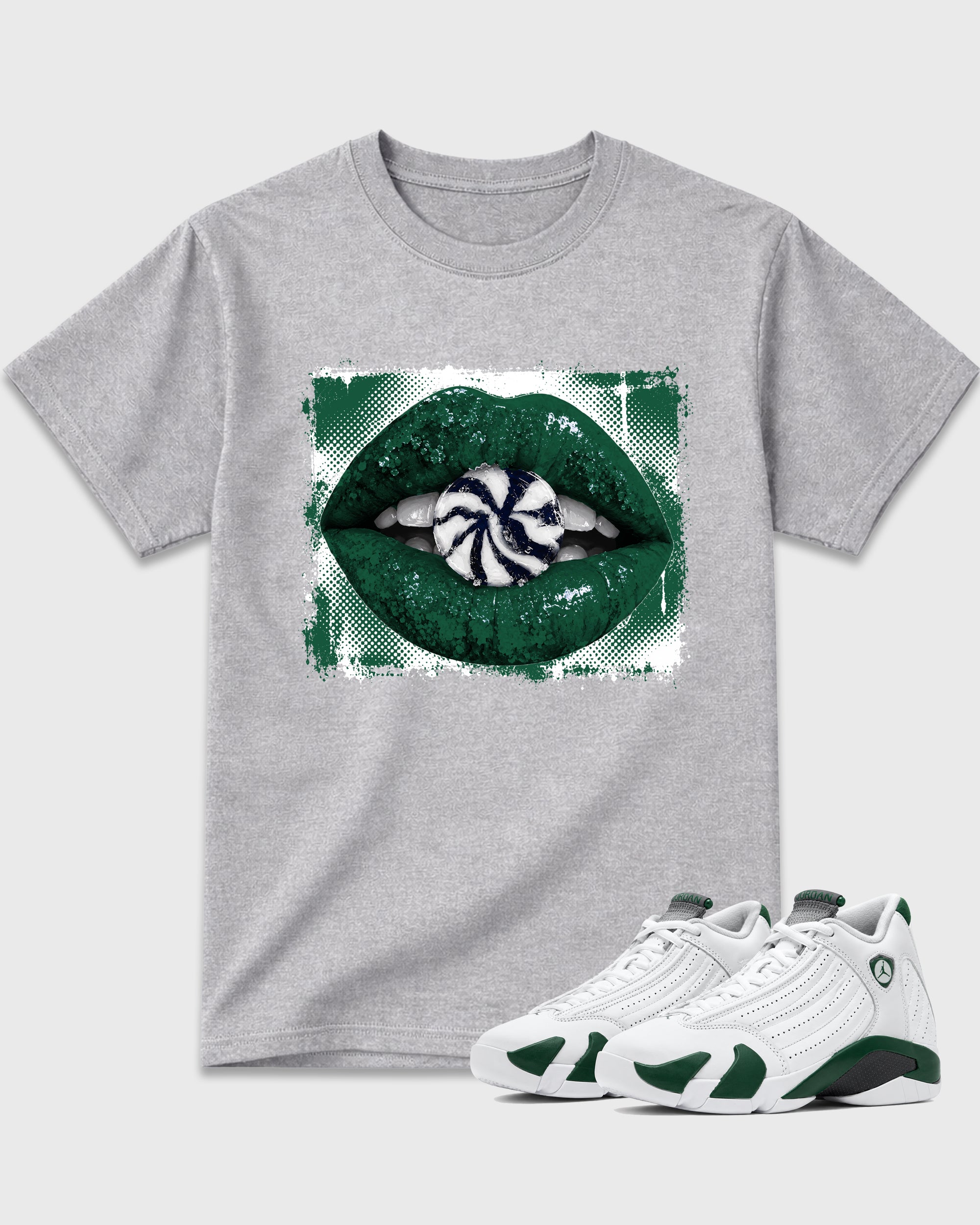 Lips Candy Graphic T-Shirt featuring original streetwear artwork designed to match the Air Jordan 14 Forest Green. Heather Grey 1 Graphic T-Shirt.