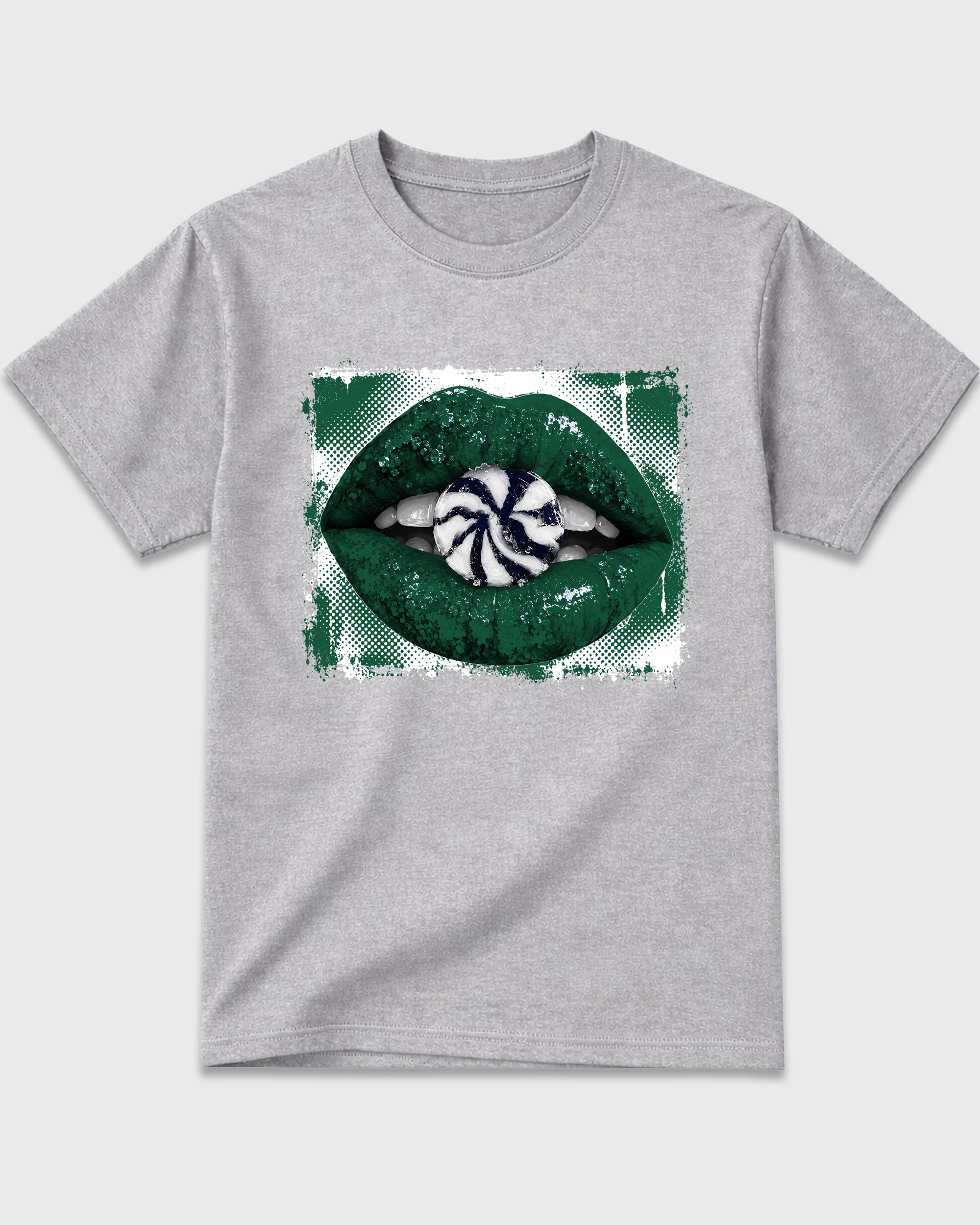 Lips Candy Graphic T-Shirt featuring original streetwear artwork designed to match the Air Jordan 14 Forest Green. Heather Grey 2 Graphic T-Shirt.