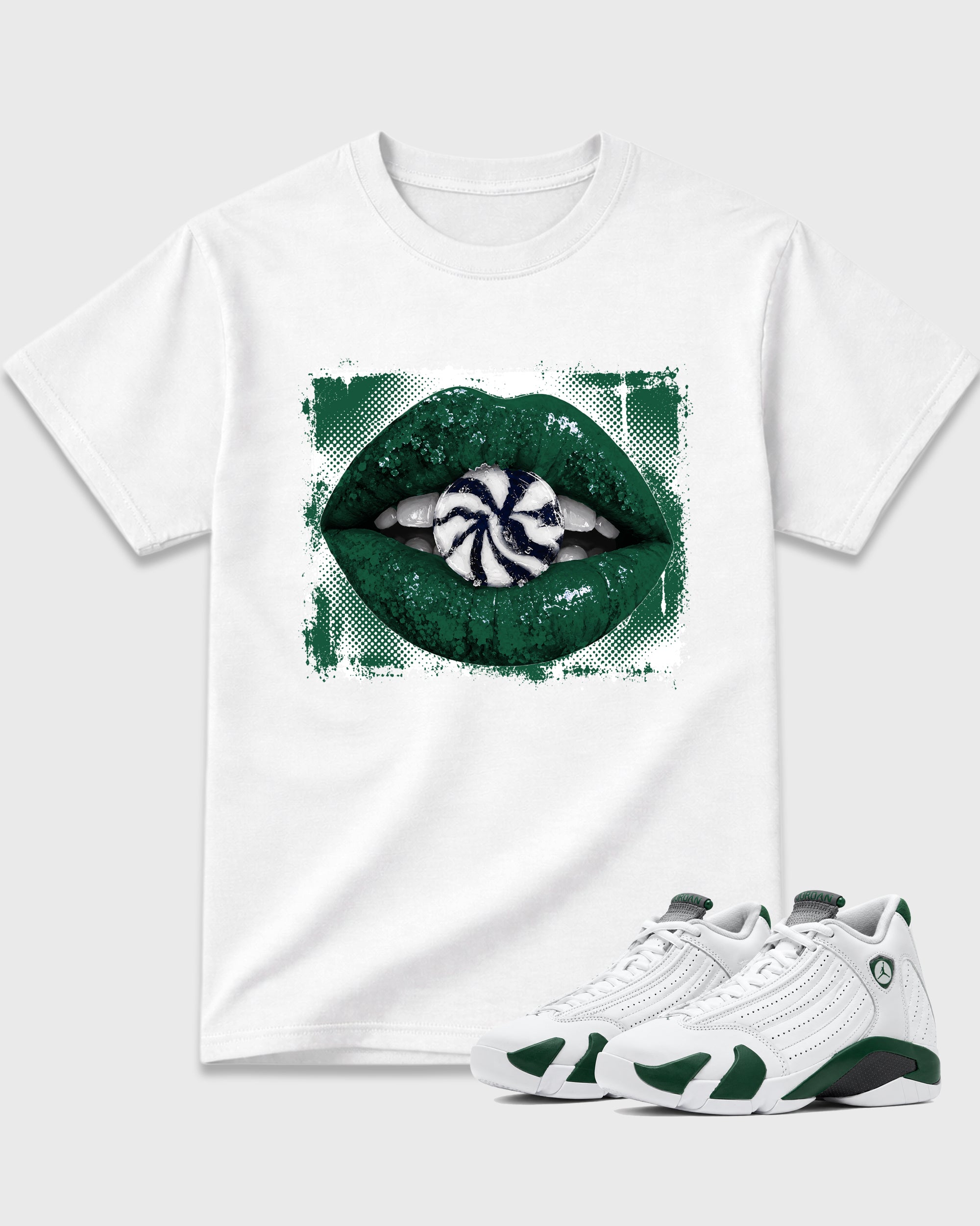 Lips Candy Graphic T-Shirt featuring original streetwear artwork designed to match the Air Jordan 14 Forest Green. White 1 Graphic T-Shirt.