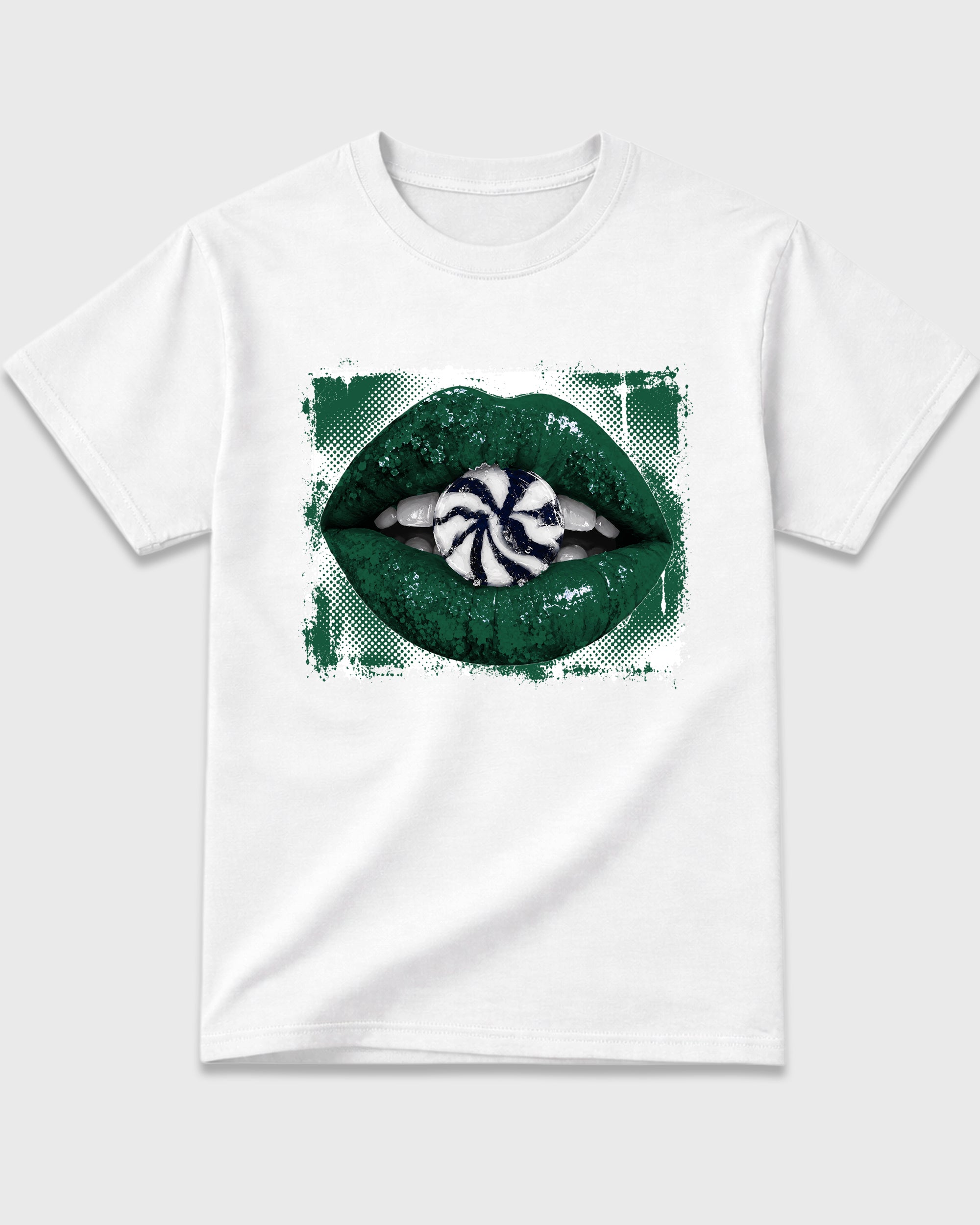 Lips Candy Graphic T-Shirt featuring original streetwear artwork designed to match the Air Jordan 14 Forest Green. White 2 Graphic T-Shirt.
