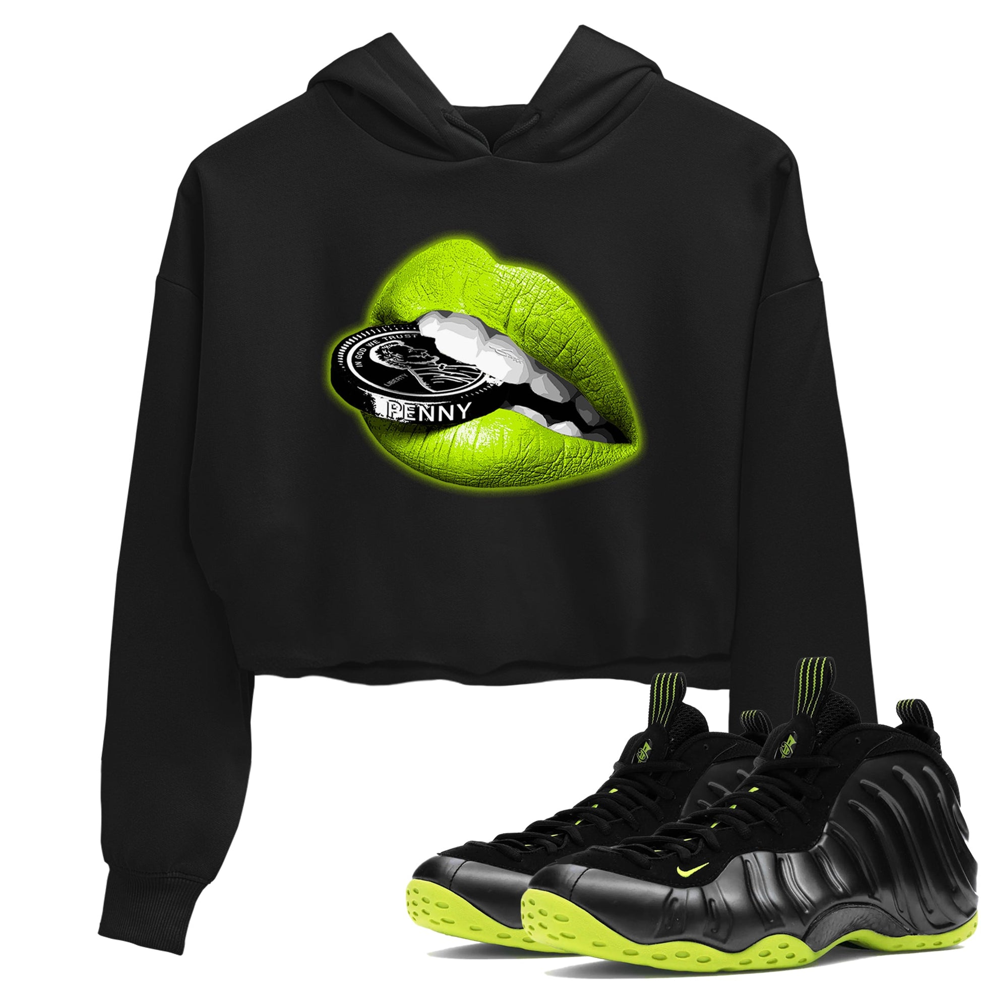 Foams One Black Volt shirts to match jordans Lips Coin sneaker match tees Air Foamposite One Black and Volt match shoes to clothes SNRT Sneaker Tees unisex cotton Black 1 crop tee
