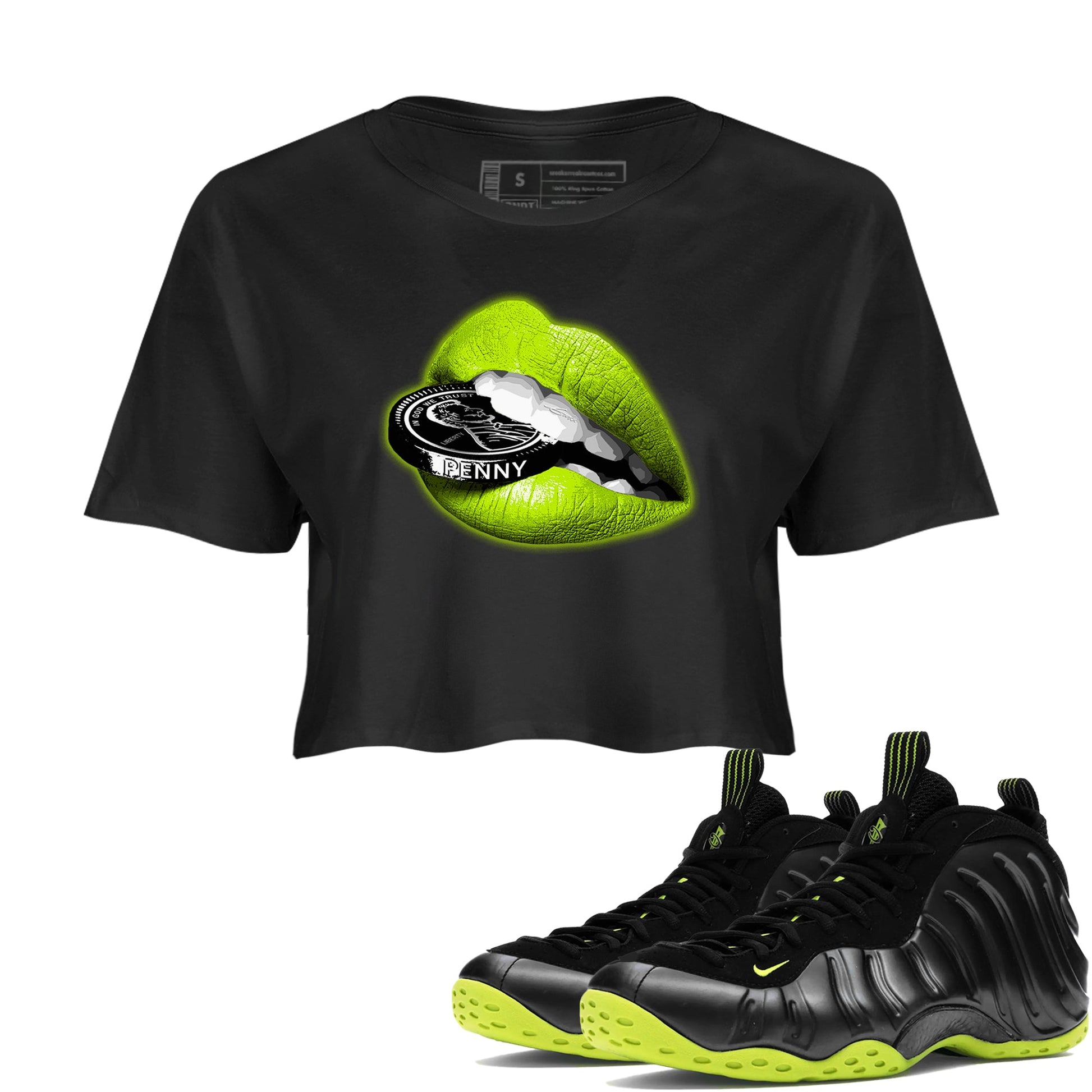 Foams One Black Volt shirts to match jordans Lips Coin sneaker match tees Air Foamposite One Black and Volt match shoes to clothes SNRT Sneaker Tees unisex cotton Black 1 crop tee