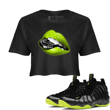 Foams One Black Volt shirts to match jordans Lips Coin sneaker match tees Air Foamposite One Black and Volt match shoes to clothes SNRT Sneaker Tees unisex cotton Black 1 crop tee