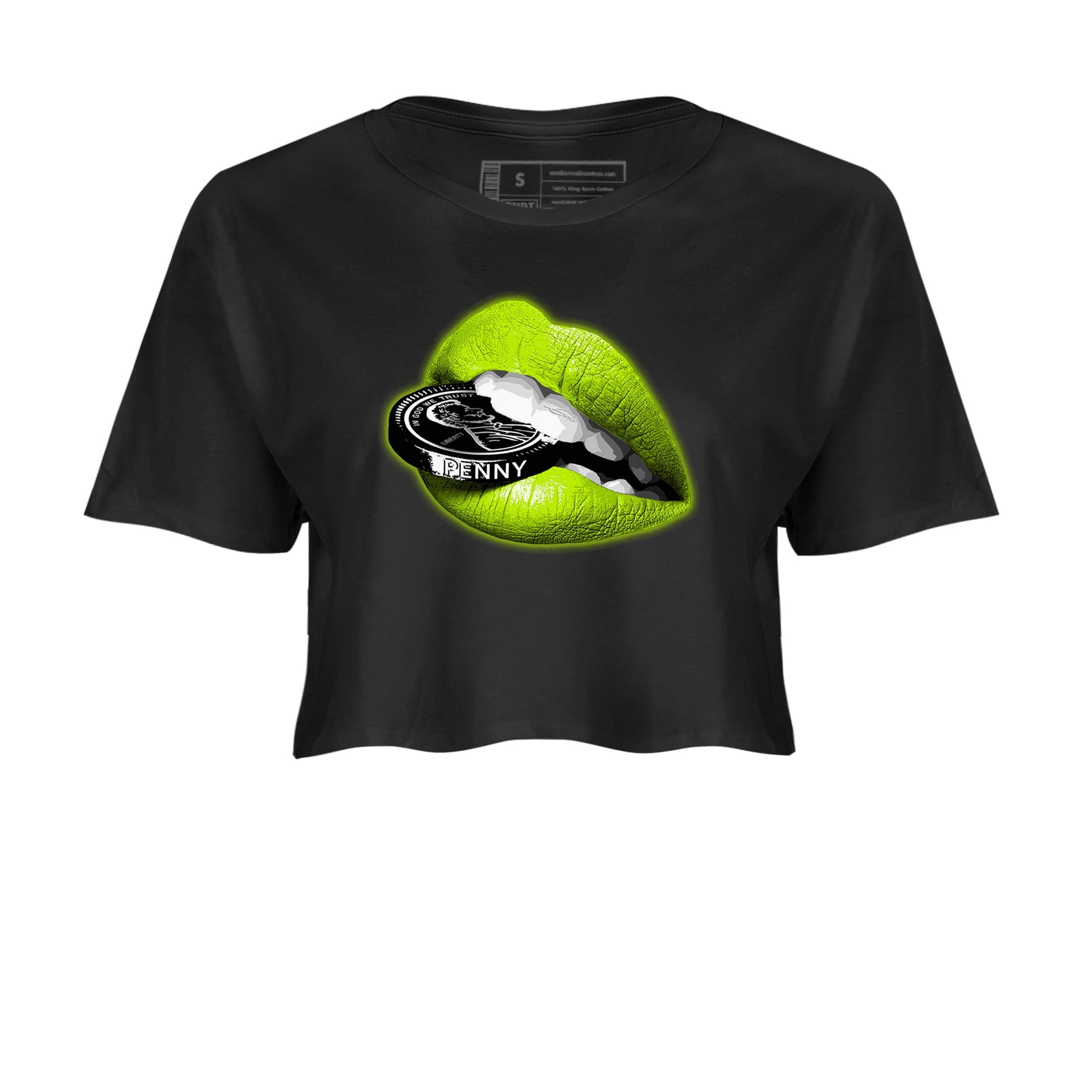 Foams One Black Volt shirts to match jordans Lips Coin sneaker match tees Air Foamposite One Black and Volt match shoes to clothes SNRT Sneaker Tees unisex cotton Black 2 crop tee