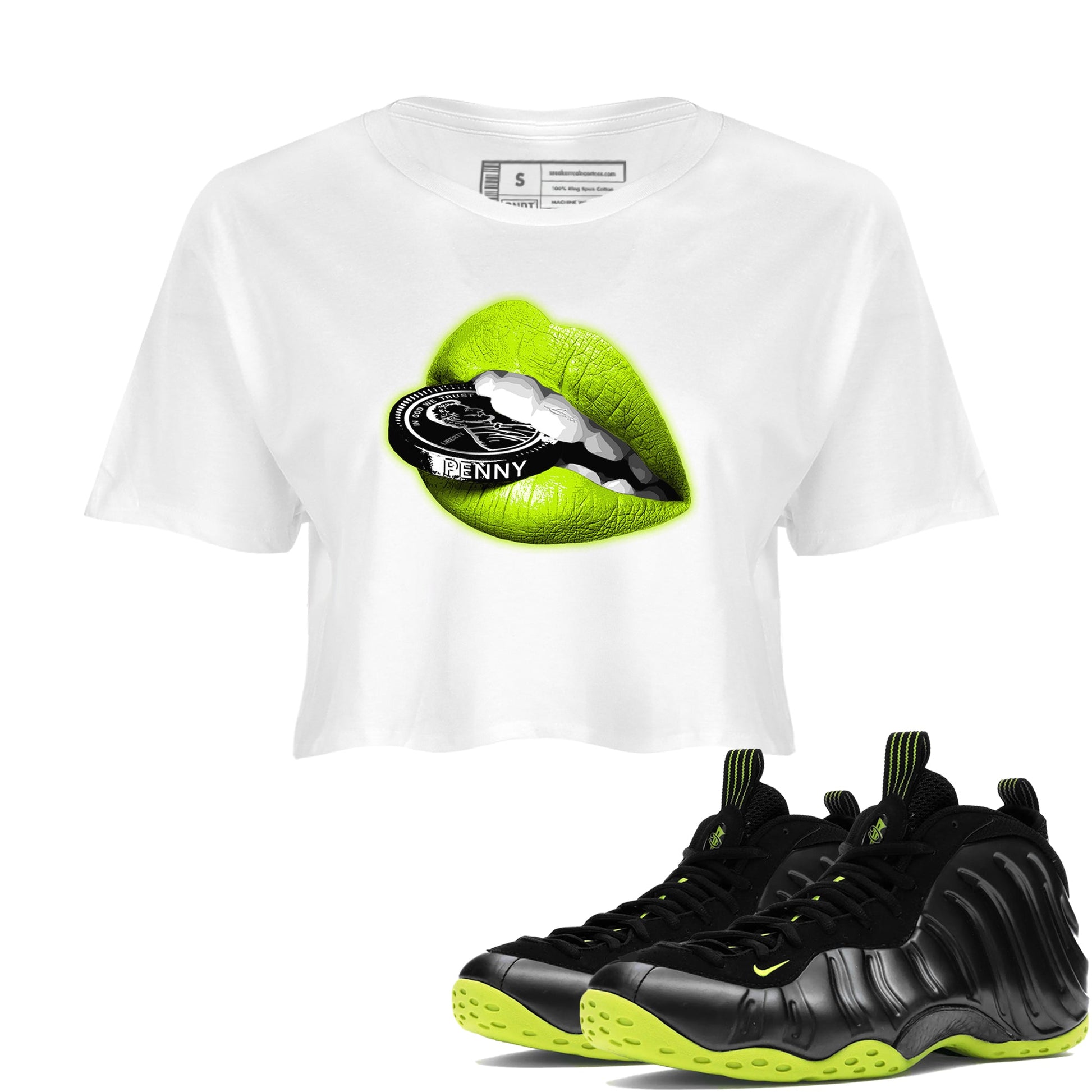 Foams One Black Volt shirts to match jordans Lips Coin sneaker match tees Air Foamposite One Black and Volt match shoes to clothes SNRT Sneaker Tees unisex cotton White 1 crop tee