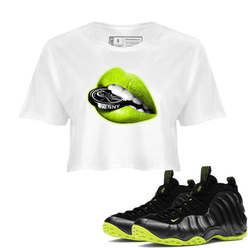 Foams One Black Volt shirts to match jordans Lips Coin sneaker match tees Air Foamposite One Black and Volt match shoes to clothes SNRT Sneaker Tees unisex cotton White 1 crop tee