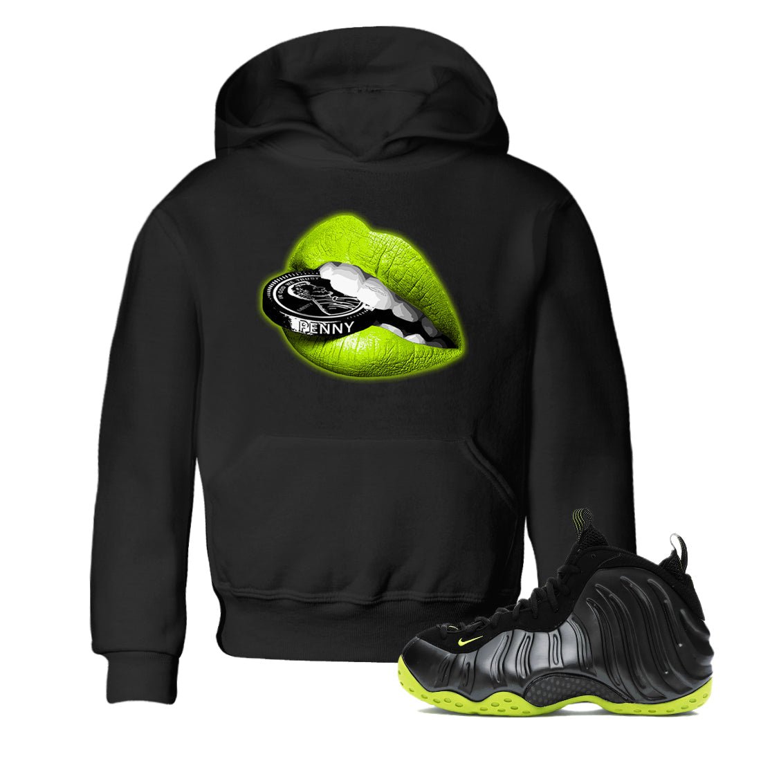 Foams One Black Volt shirts to match jordans Lips Coin sneaker match tees Air Foamposite One Black and Volt match shoes to clothes SNRT Sneaker Tees Youth Baby Black 1 tee