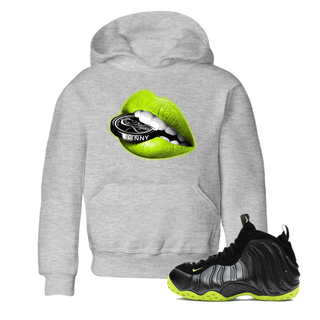 Foams One Black Volt shirts to match jordans Lips Coin sneaker match tees Air Foamposite One Black and Volt match shoes to clothes SNRT Sneaker Tees Youth Baby Heather Grey 1 tee