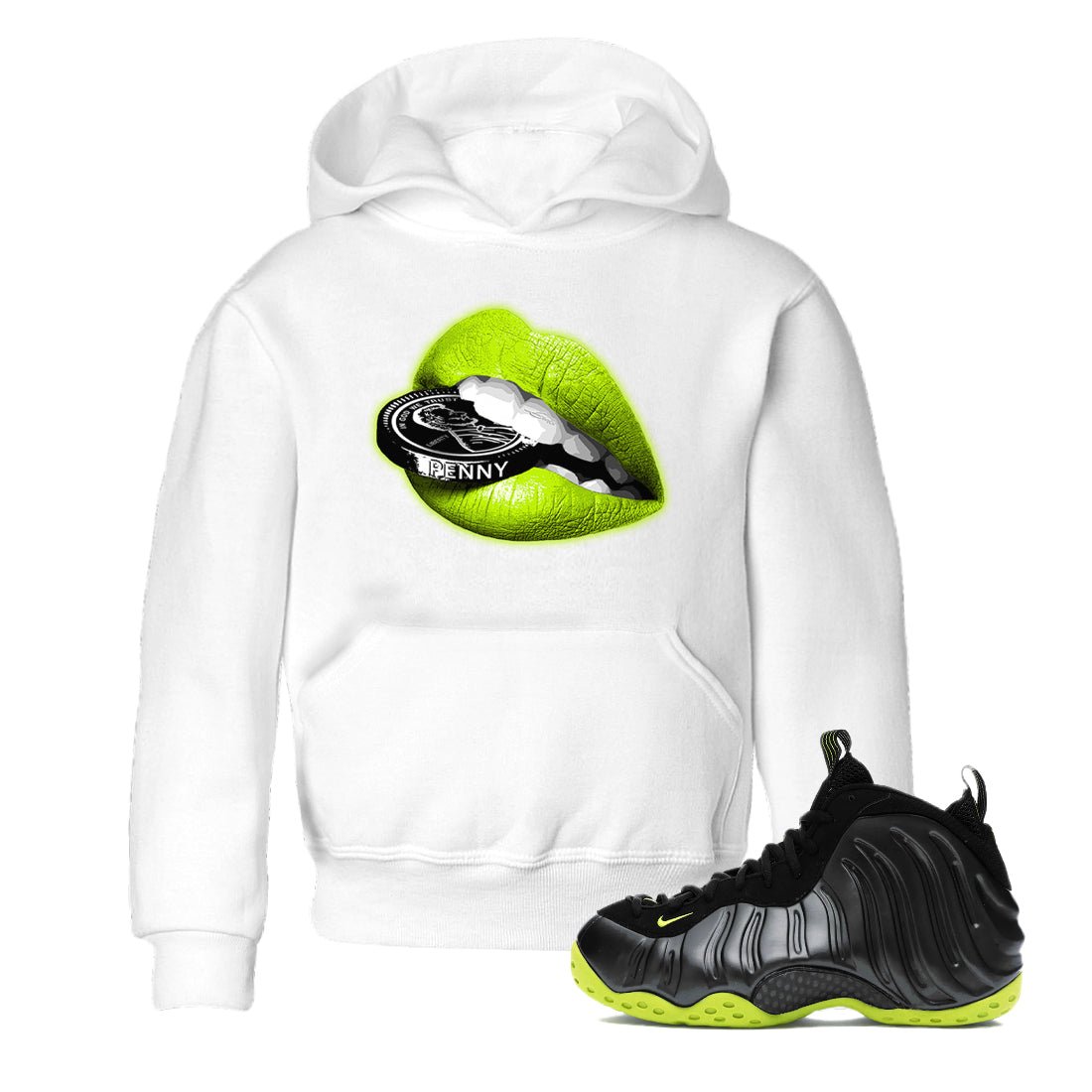 Foams One Black Volt shirts to match jordans Lips Coin sneaker match tees Air Foamposite One Black and Volt match shoes to clothes SNRT Sneaker Tees Youth Baby White 1 tee