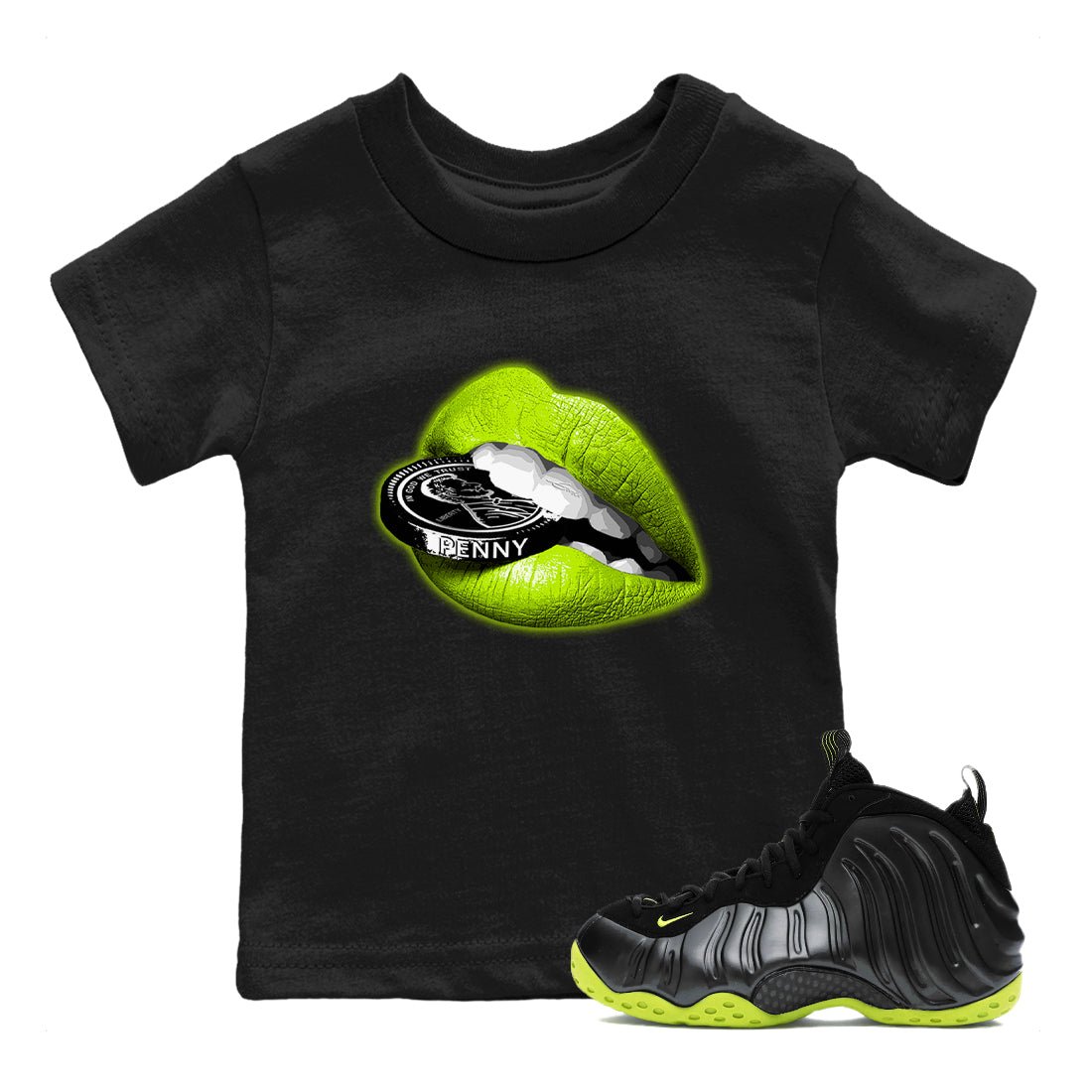 Foams One Black Volt shirts to match jordans Lips Coin sneaker match tees Air Foamposite One Black and Volt match shoes to clothes SNRT Sneaker Tees Youth Baby Black 1 tee