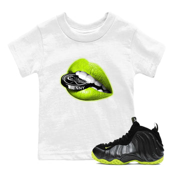 Foams One Black Volt shirts to match jordans Lips Coin sneaker match tees Air Foamposite One Black and Volt match shoes to clothes SNRT Sneaker Tees Youth Baby White 1 tee