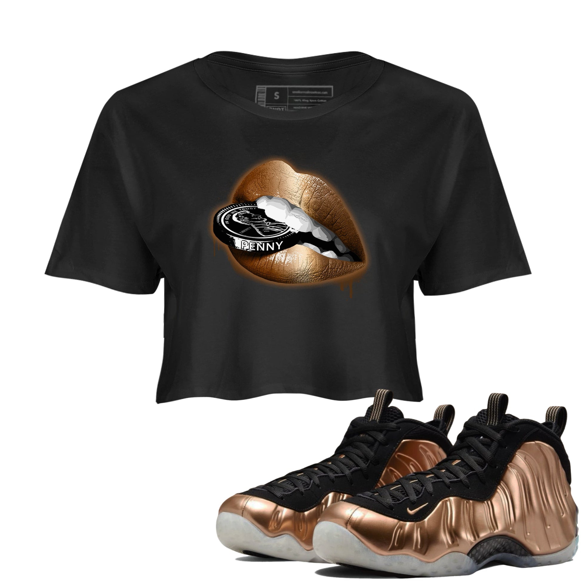 Foams One Metallic Copper shirts to match jordans Lips Coin sneaker match tees Air Foamposite One Metallic Copper match shoes to clothes SNRT Sneaker Tees unisex cotton Black 1 crop tee