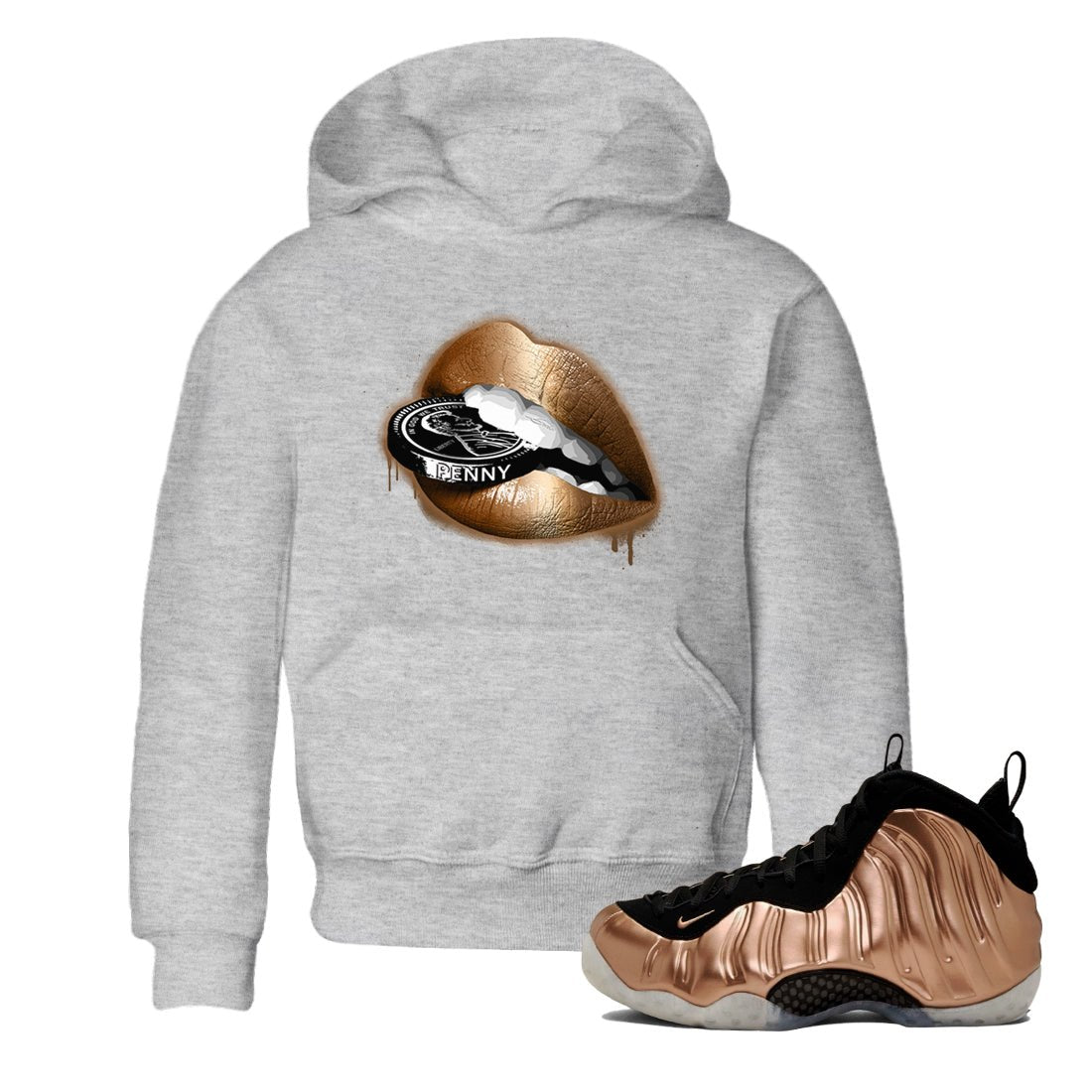 Foams One Metallic Copper shirts to match jordans Lips Coin sneaker match tees Air Foamposite One Metallic Copper match shoes to clothes SNRT Sneaker Tees Youth Baby Heather Grey 1 tee