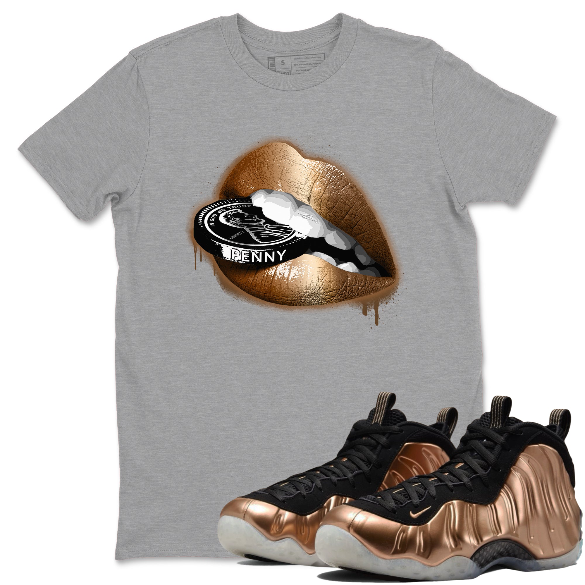 Foams One Metallic Copper shirts to match jordans Lips Coin sneaker match tees Air Foamposite One Metallic Copper match shoes to clothes SNRT Sneaker Tees unisex cotton Heather Grey 1 shirts