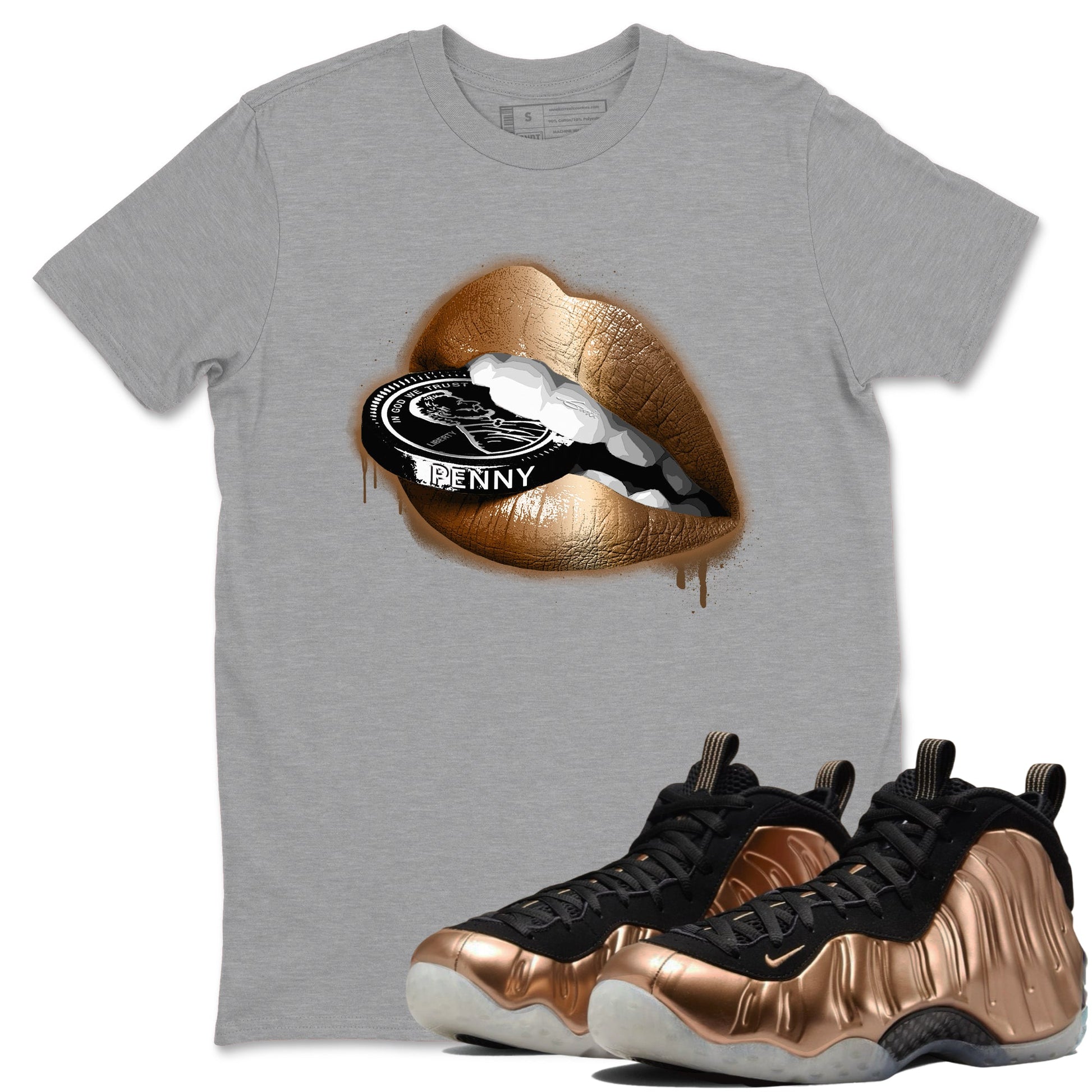 Foams One Metallic Copper shirts to match jordans Lips Coin sneaker match tees Air Foamposite One Metallic Copper match shoes to clothes SNRT Sneaker Tees unisex cotton Heather Grey 1 shirts