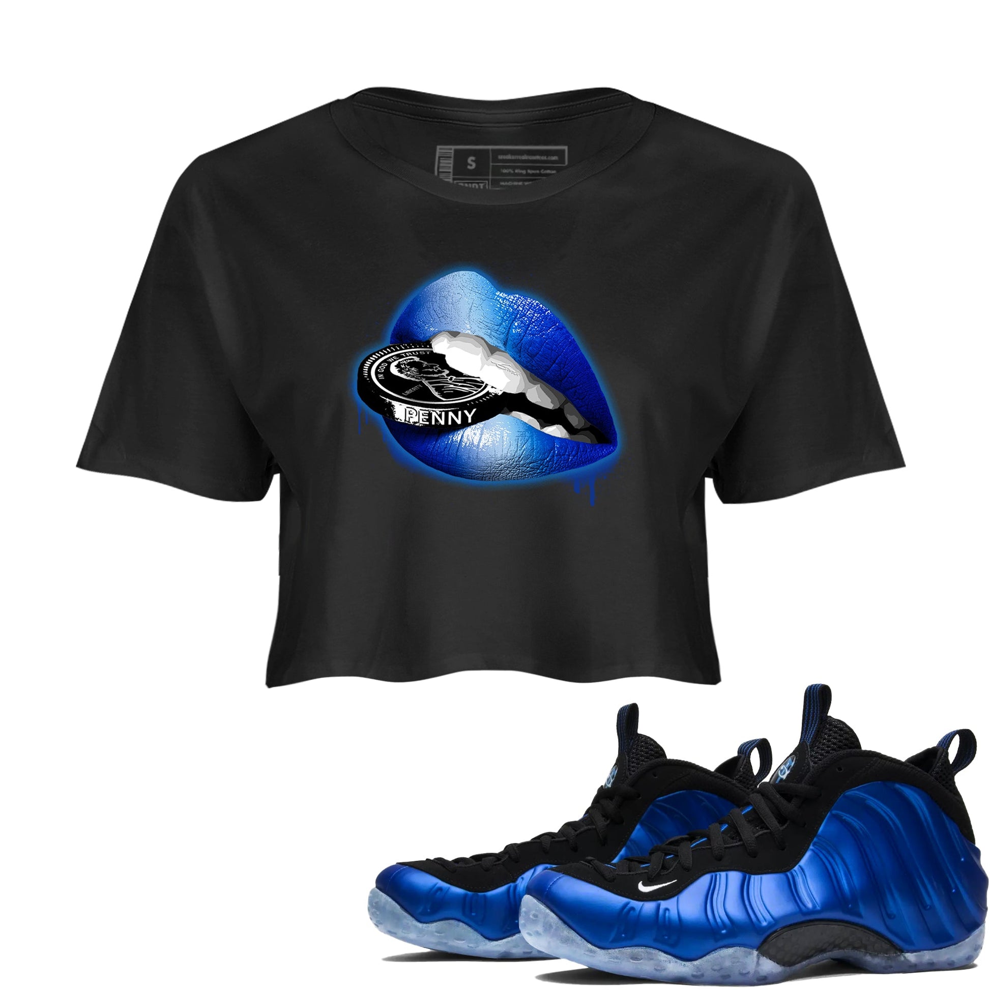Foams One Royal shirts to match jordans Lips Coin sneaker match tees Air Foamposite One Royal match shoes to clothes SNRT Sneaker Tees unisex cotton Black 1 crop tee