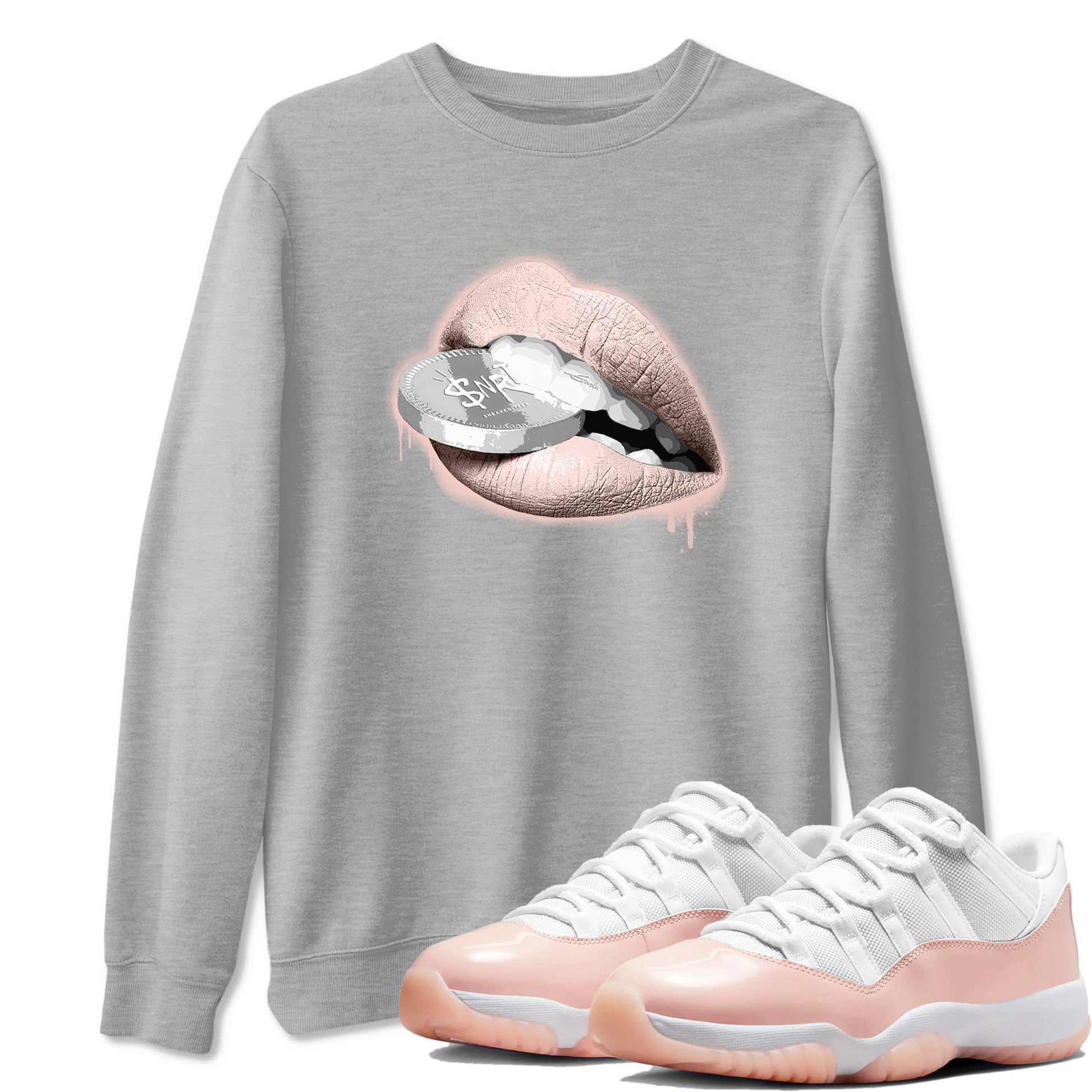 11s Legend Pink shirts to match jordans Lips Coin sneaker match tees Air Jordan 11 Legend Pink SNRT Sneaker Tees streetwear brand Heather Grey 1 unisex cotton tee
