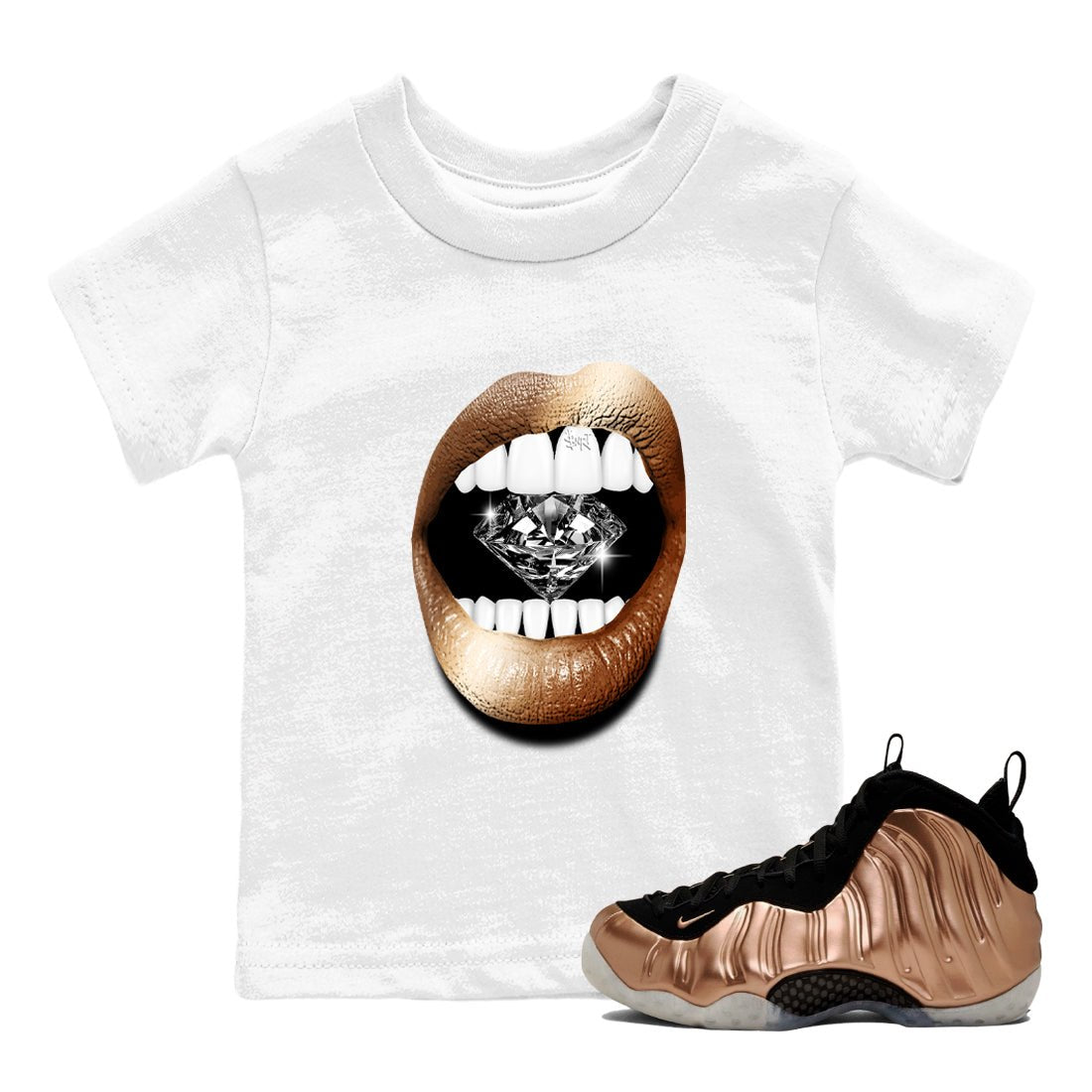 Foams One Metallic Copper shirts to match jordans Lips Diamond sneaker match tees Air Foamposite One Metallic Copper match shoes to clothes SNRT Sneaker Tees Youth Baby White 1 tee