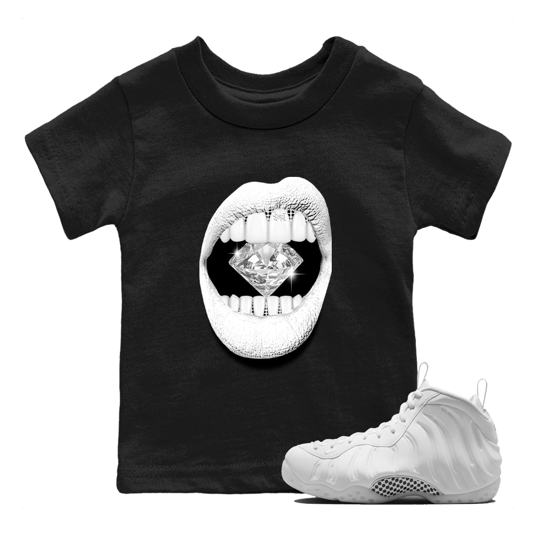 Lips Diamond baby and kids t-shirt crafted for little sneakerheads to shine with the Air Foamposite One Triple White sneakers, displayed in Black 1.