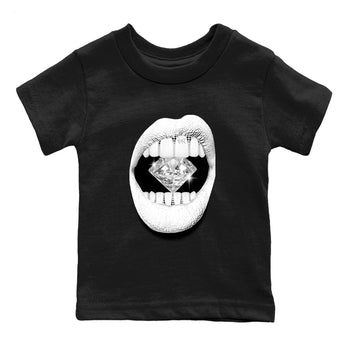 Lips Diamond baby and kids t-shirt crafted for little sneakerheads to shine with the Air Foamposite One Triple White sneakers, displayed in Black 2.