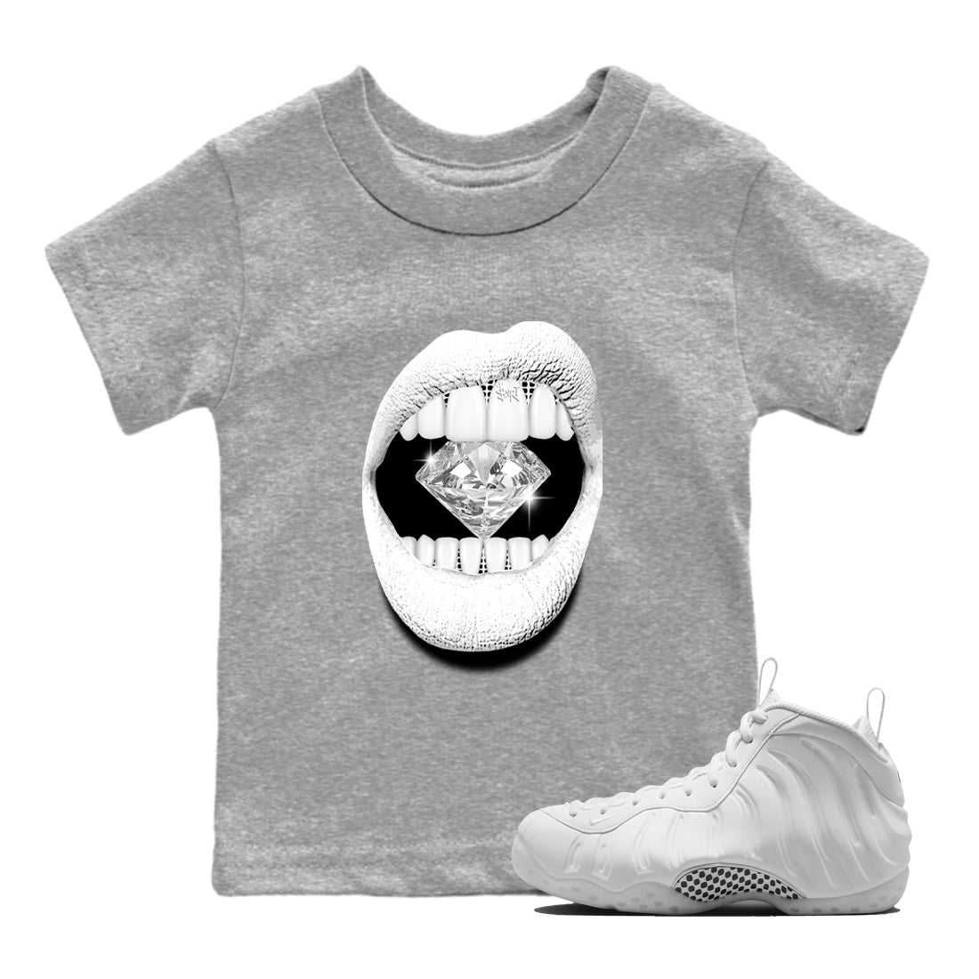 Lips Diamond baby and kids t-shirt crafted for little sneakerheads to shine with the Air Foamposite One Triple White sneakers, displayed in Heather Grey 1.