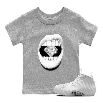 Lips Diamond baby and kids t-shirt crafted for little sneakerheads to shine with the Air Foamposite One Triple White sneakers, displayed in Heather Grey 1.