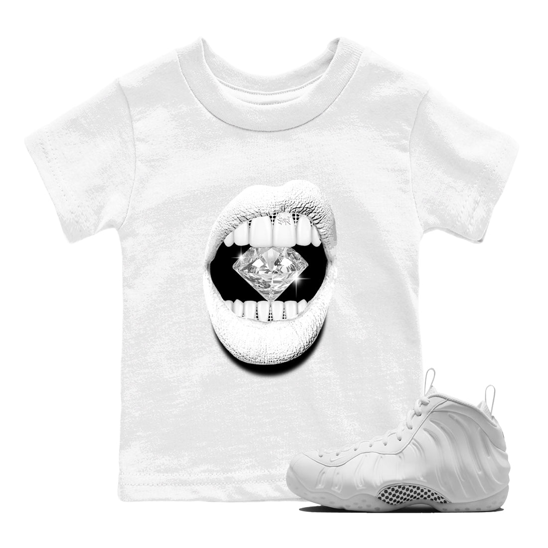 Lips Diamond baby and kids t-shirt crafted for little sneakerheads to shine with the Air Foamposite One Triple White sneakers, displayed in White 1.