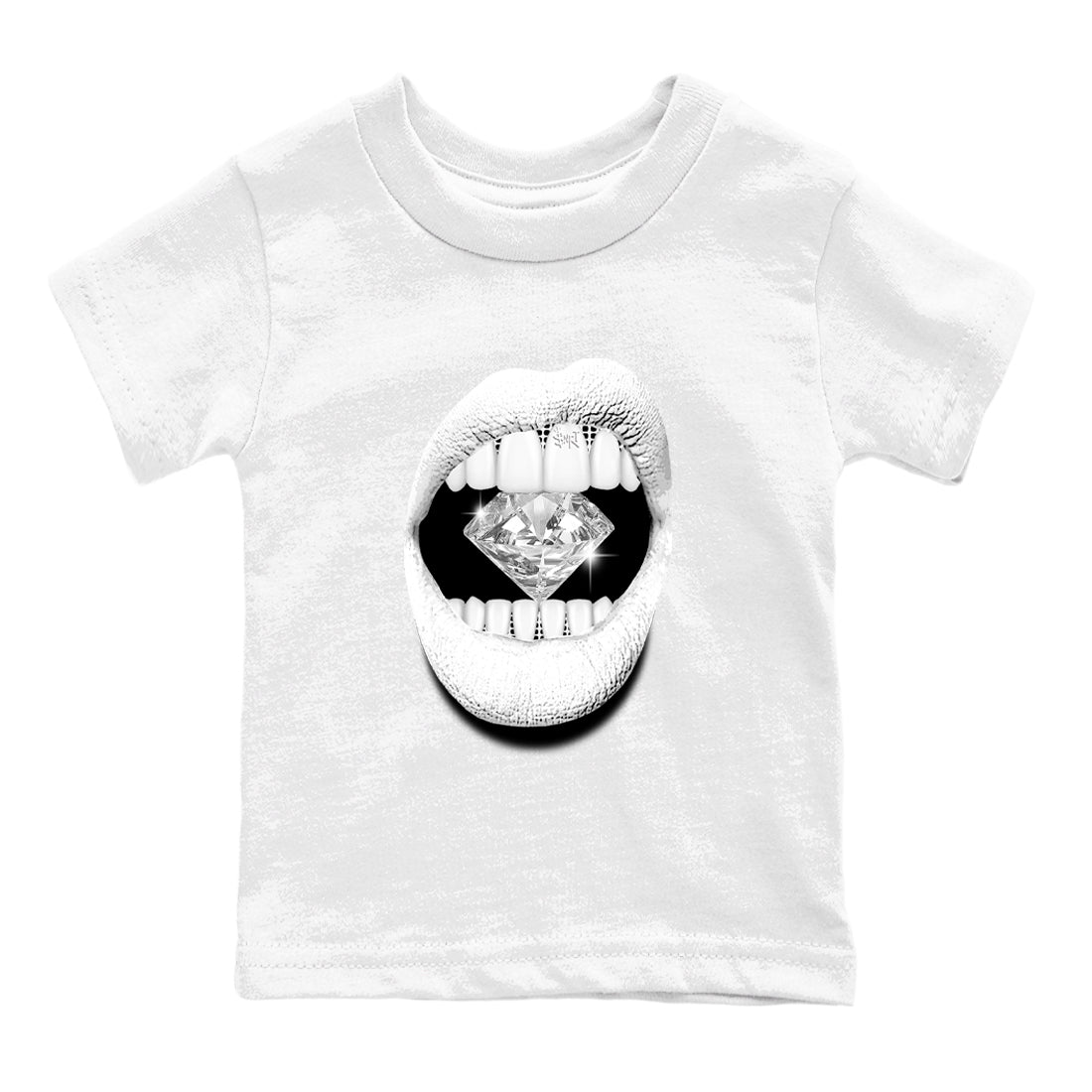 Lips Diamond baby and kids t-shirt crafted for little sneakerheads to shine with the Air Foamposite One Triple White sneakers, displayed in White 2.