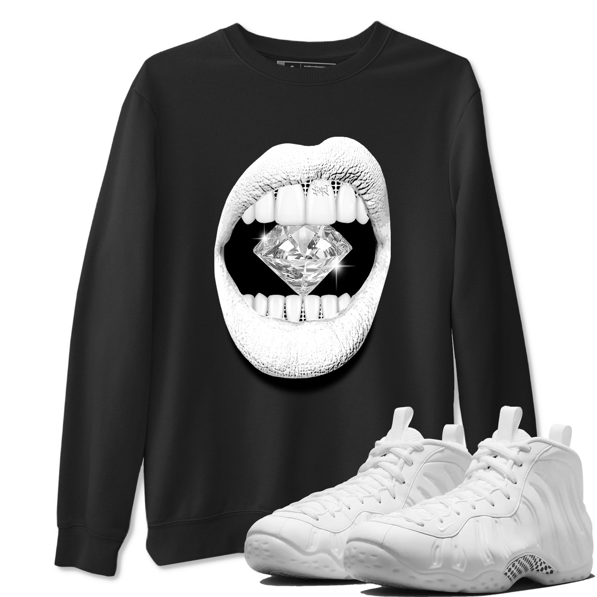 Lips Diamond sneaker match t-shirt styled to complete your fit with the Air Foamposite One Triple White sneakers, graphic shirts in Black 1.