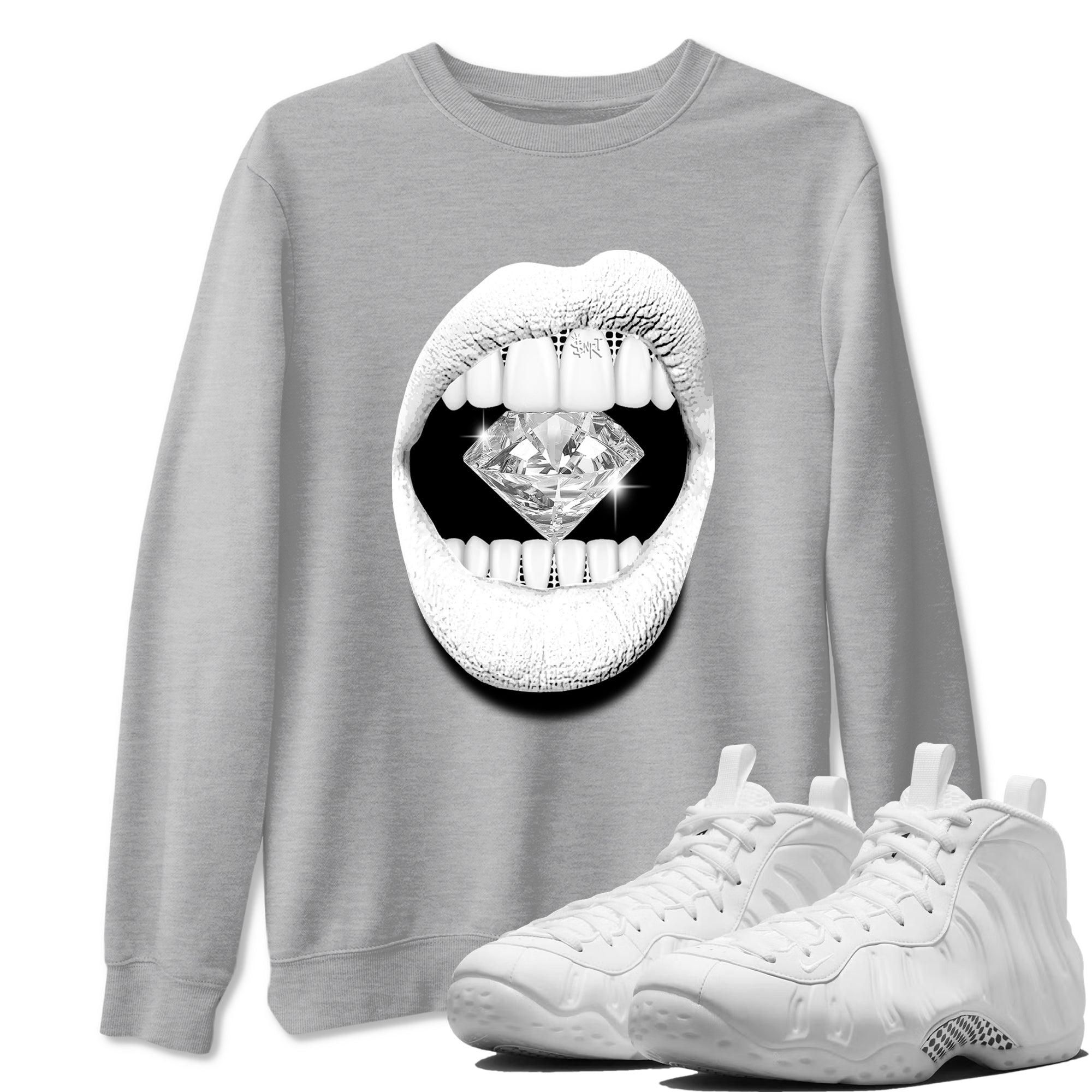 Lips Diamond sneaker match t-shirt styled to complete your fit with the Air Foamposite One Triple White sneakers, graphic shirts in Heather Grey 1.